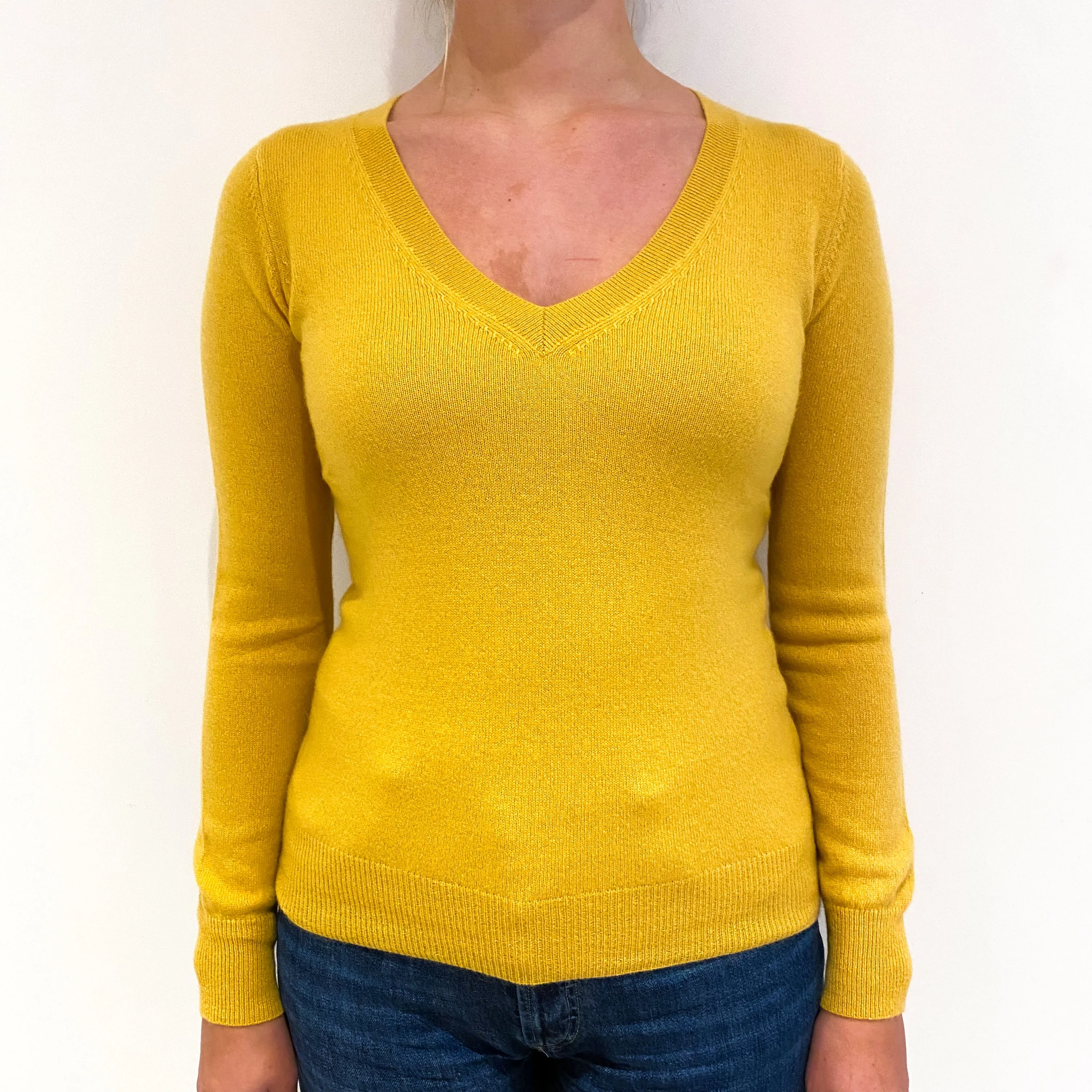 Mustard Yellow Cashmere V-Neck Jumper Small