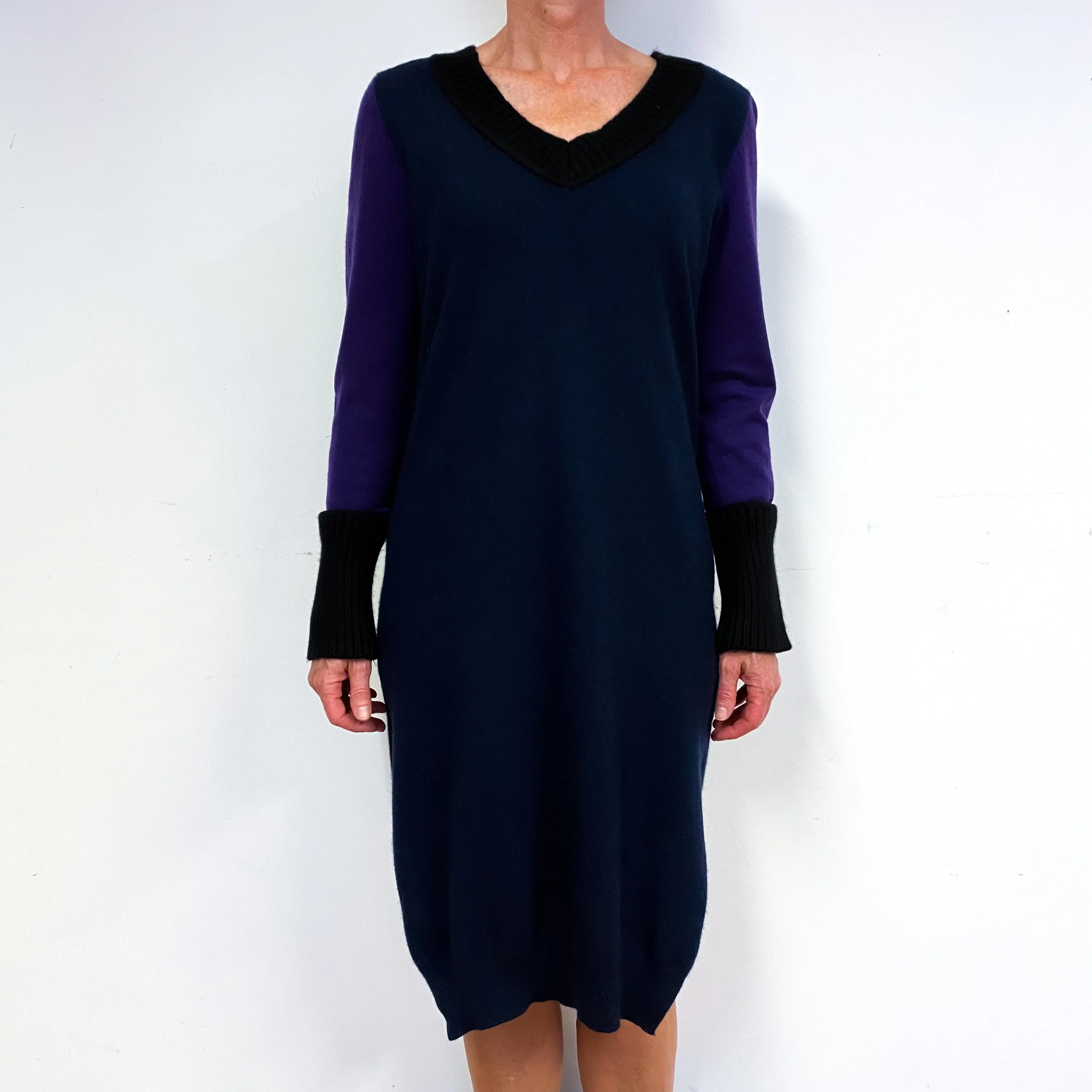 Navy Blue Designer Cashmere V-Neck Jumper Dress Medium