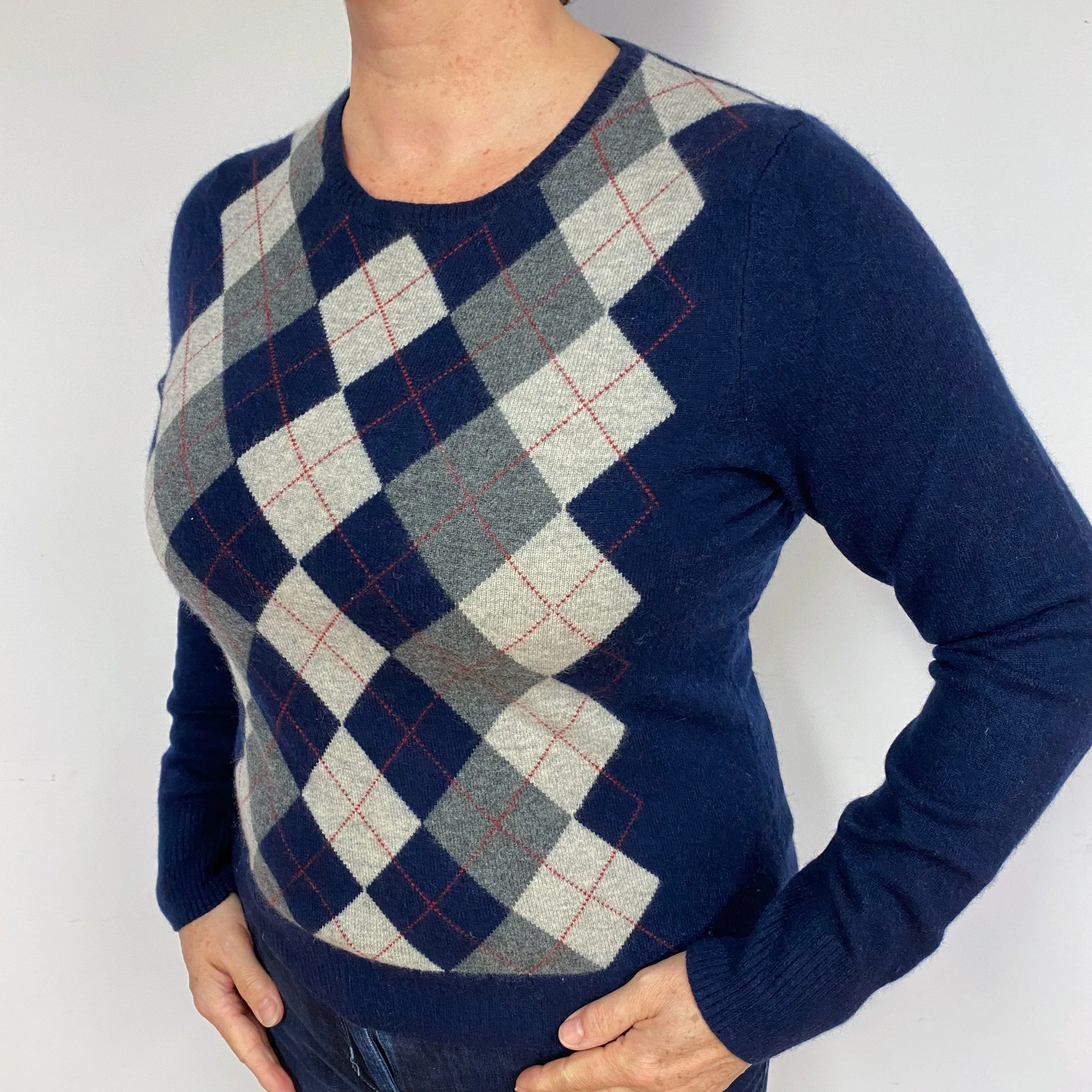 Navy Grey Diamond Cashmere Crew Neck Jumper Large