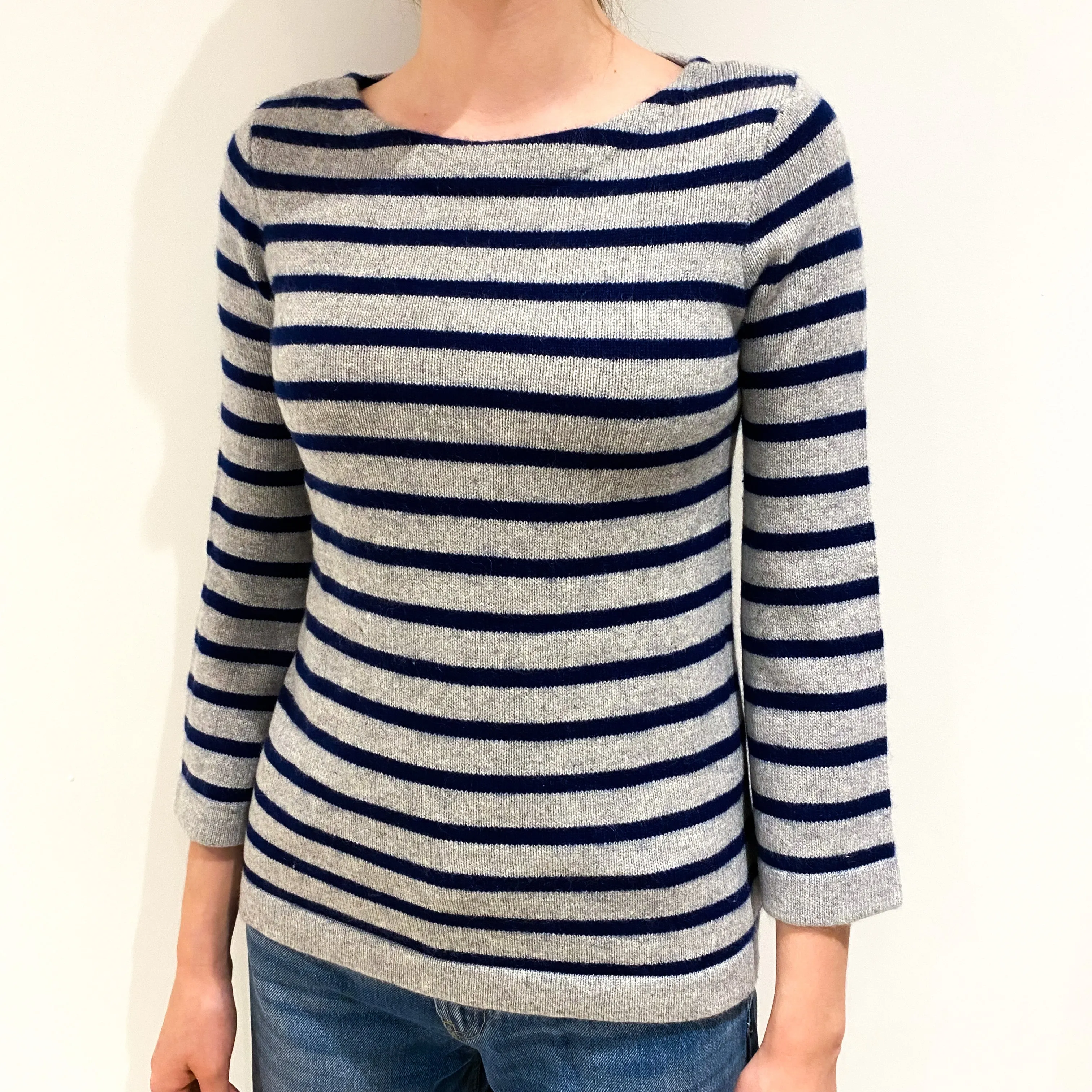 Navy Grey Striped Cashmere Crew Neck Jumper Extra Small