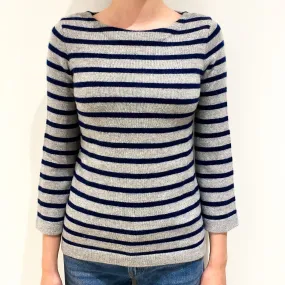 Navy Grey Striped Cashmere Crew Neck Jumper Extra Small