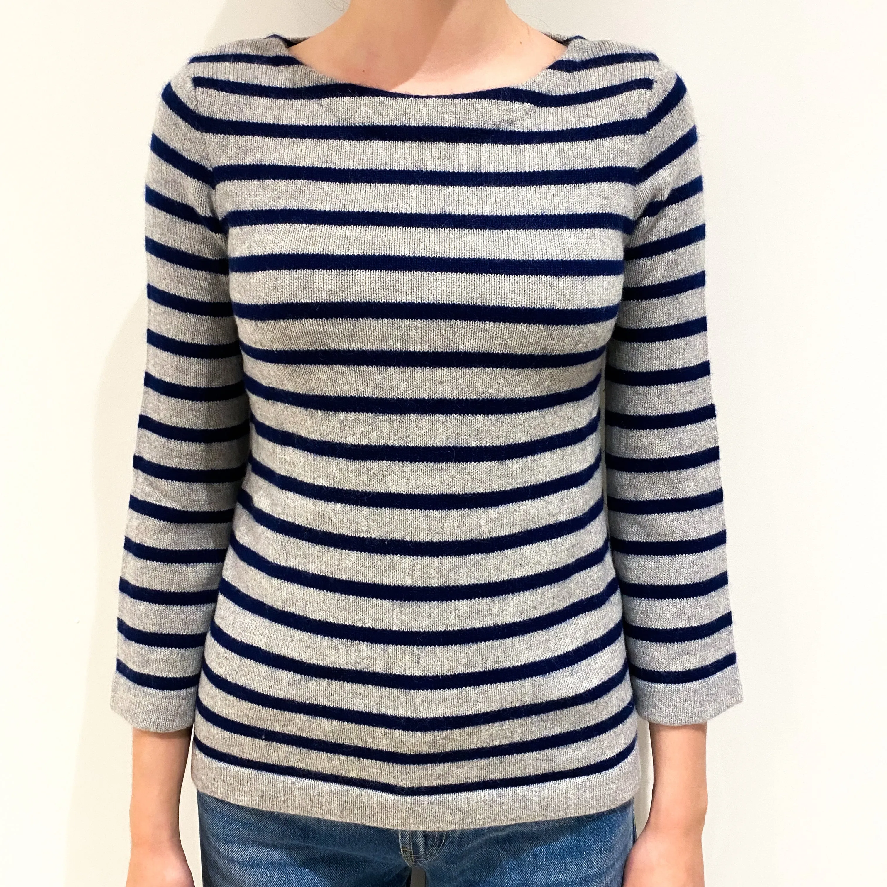 Navy Grey Striped Cashmere Crew Neck Jumper Extra Small