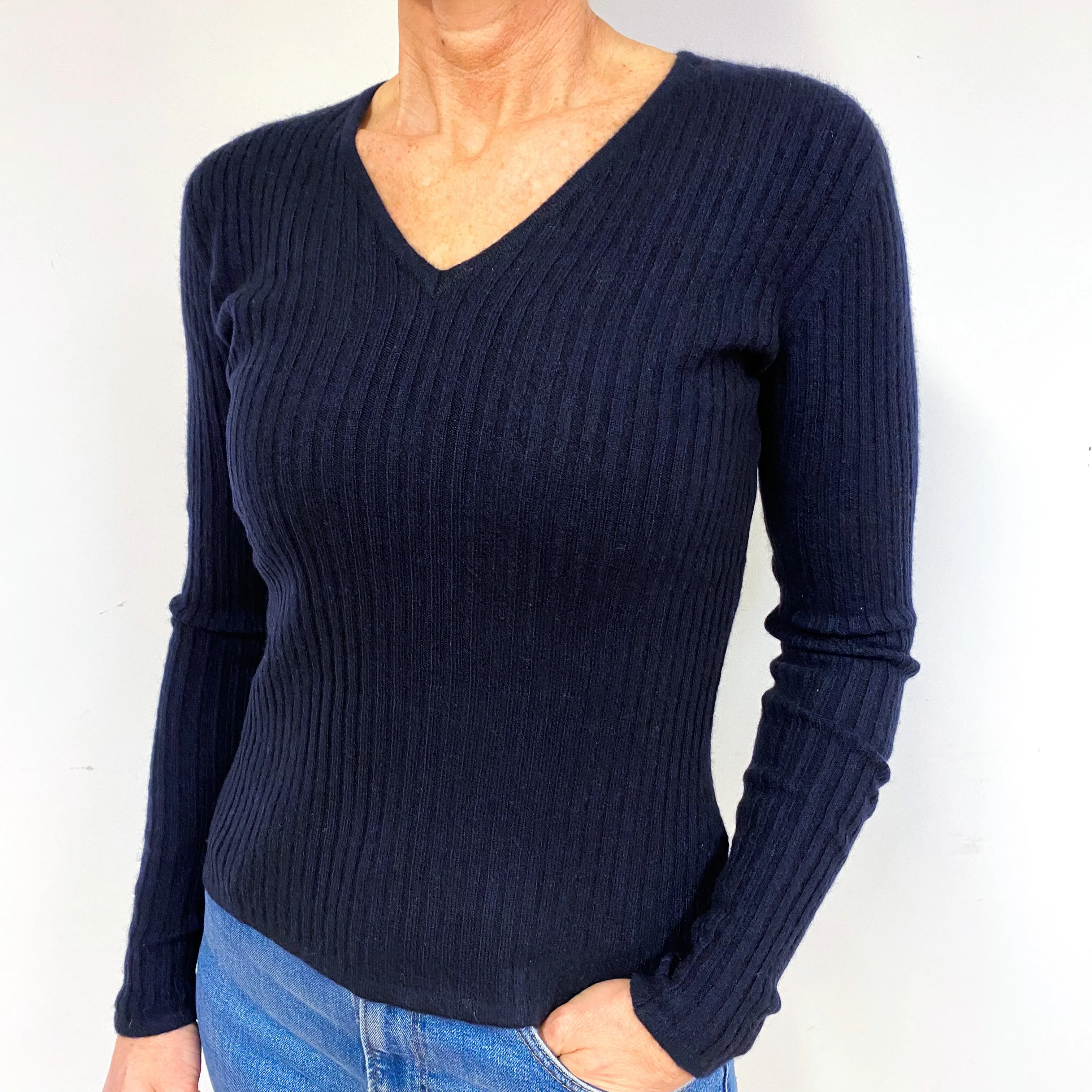 Navy Skinny Ribbed Cashmere V-Neck Jumper Medium