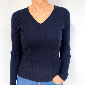 Navy Skinny Ribbed Cashmere V-Neck Jumper Medium