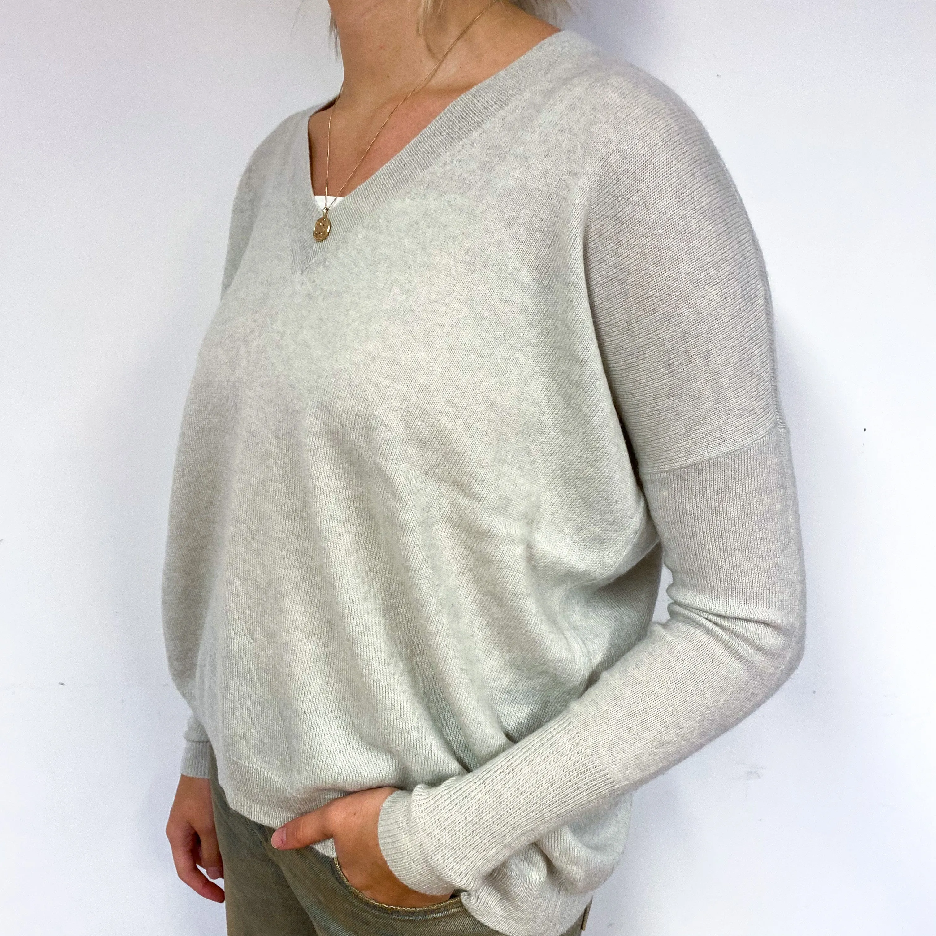 Oatmeal Slouchy Cashmere V-Neck Jumper Small