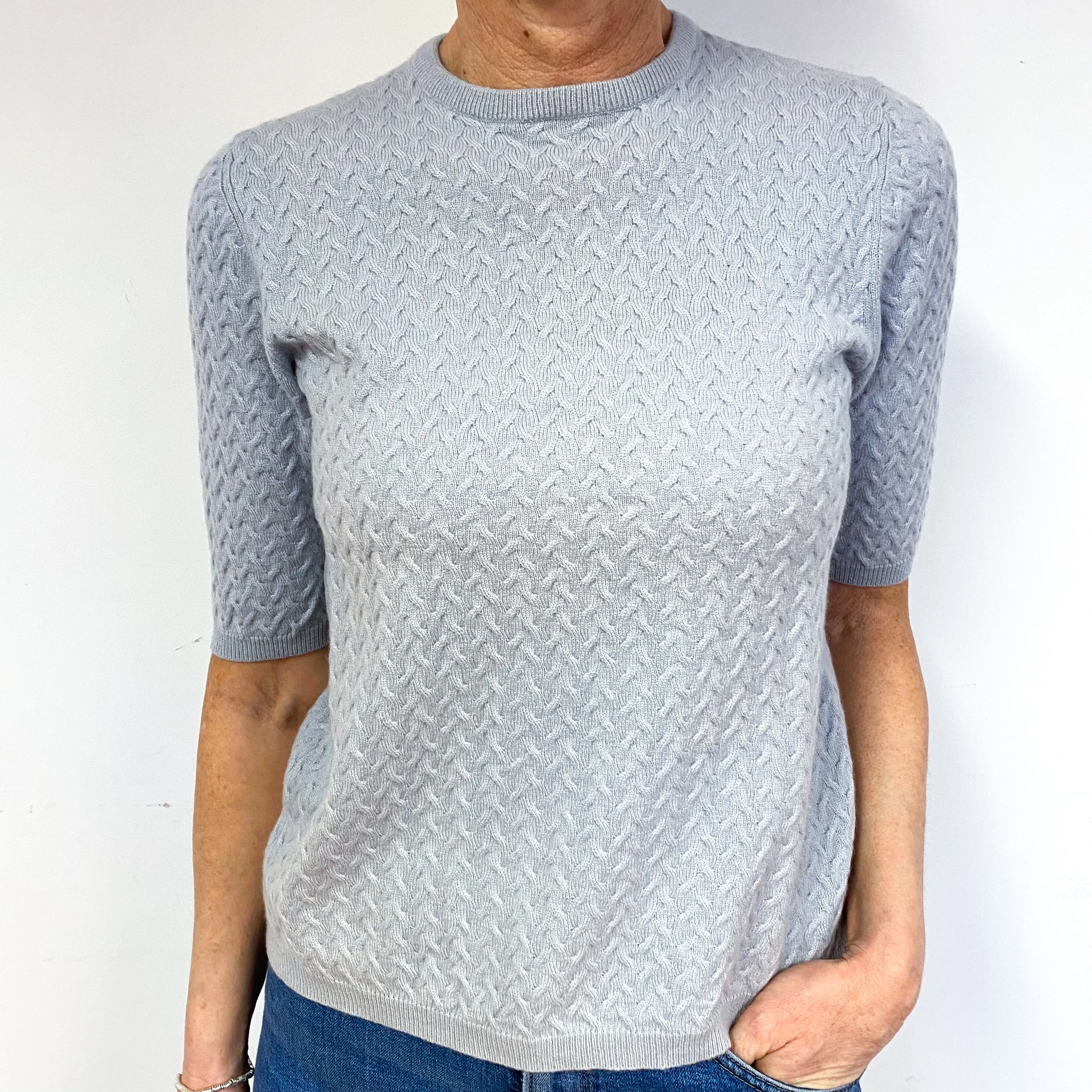 Pale Blue Grey Cashmere Short Sleeved Jumper Medium