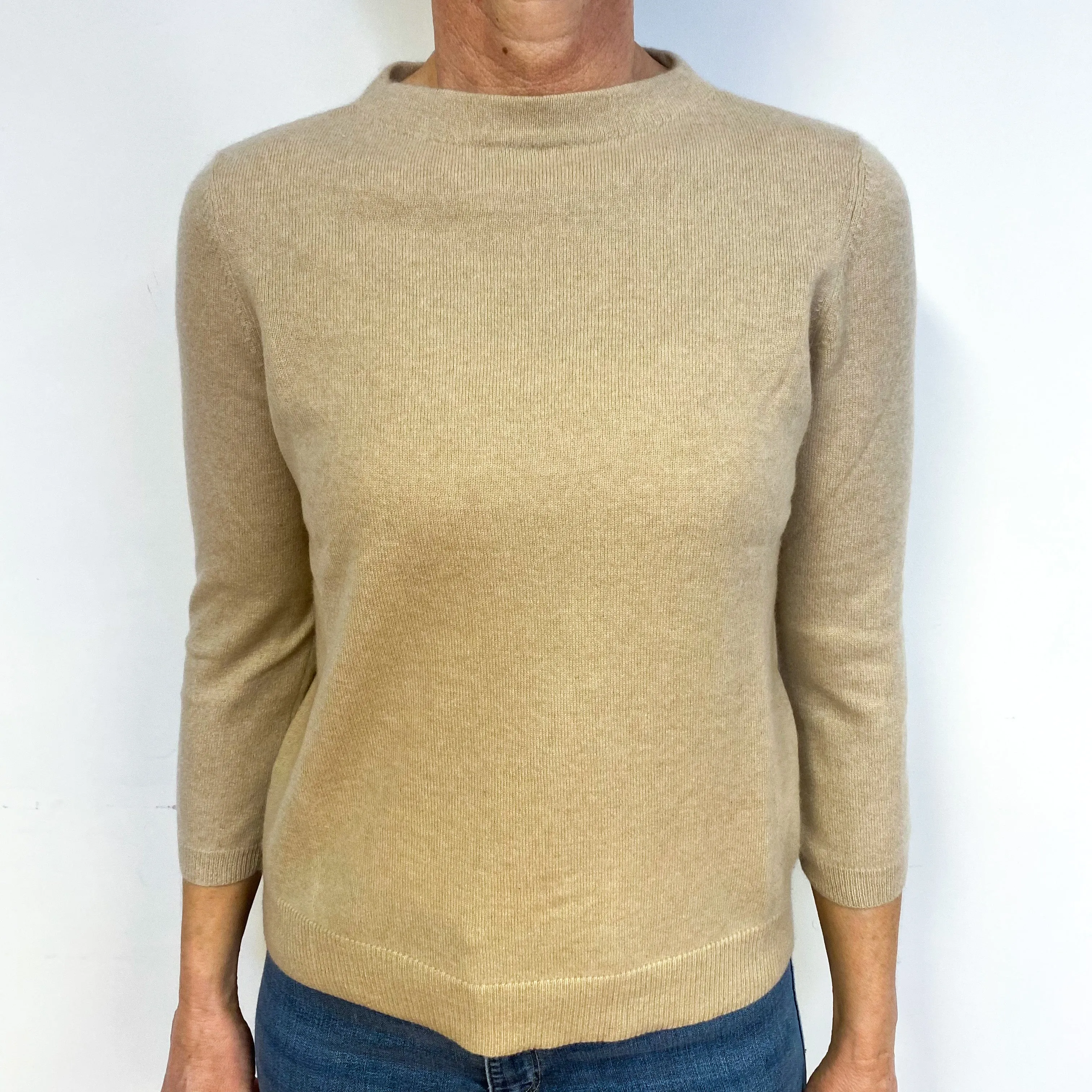 Pale Camel Cream Cashmere High Crew Neck Jumper Medium