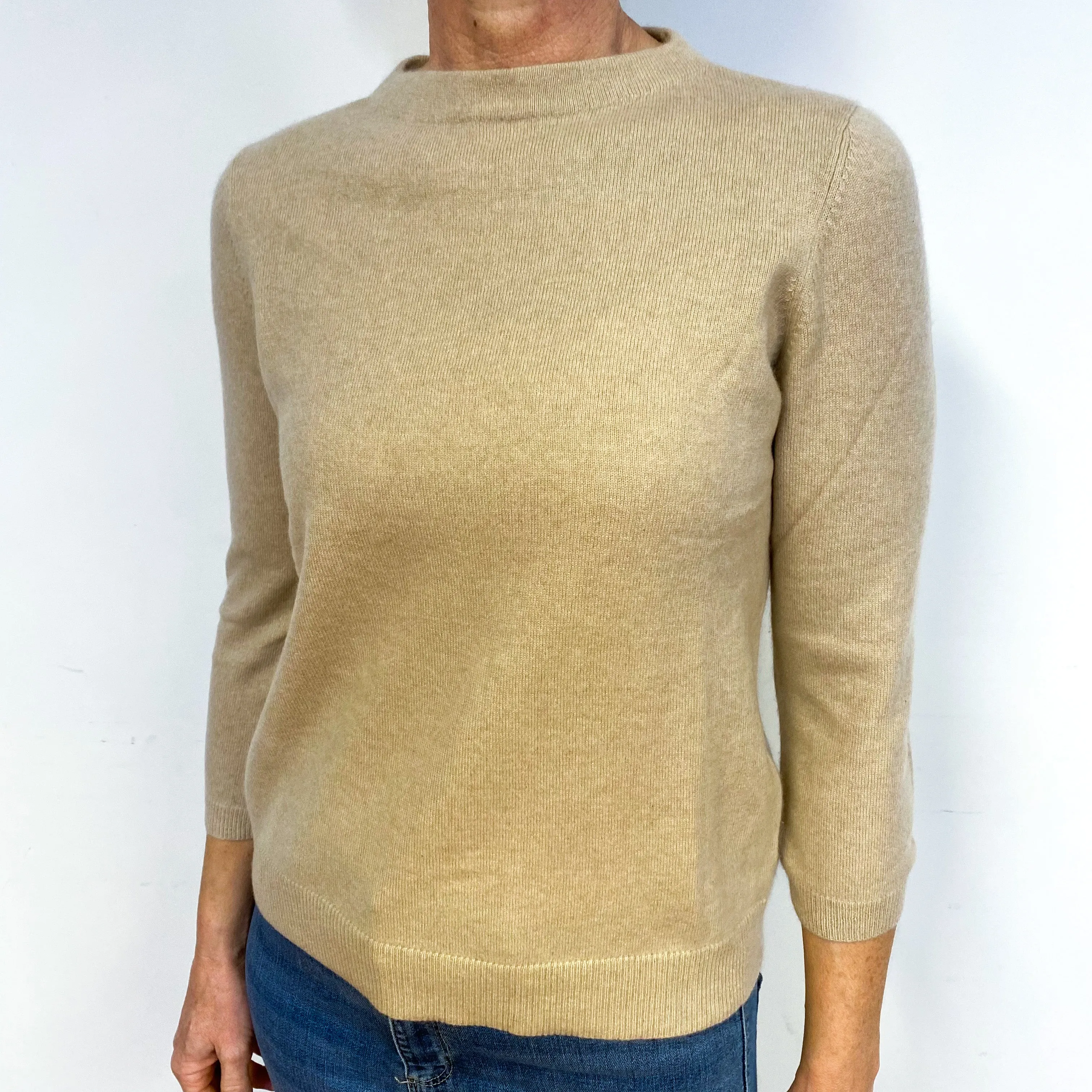 Pale Camel Cream Cashmere High Crew Neck Jumper Medium
