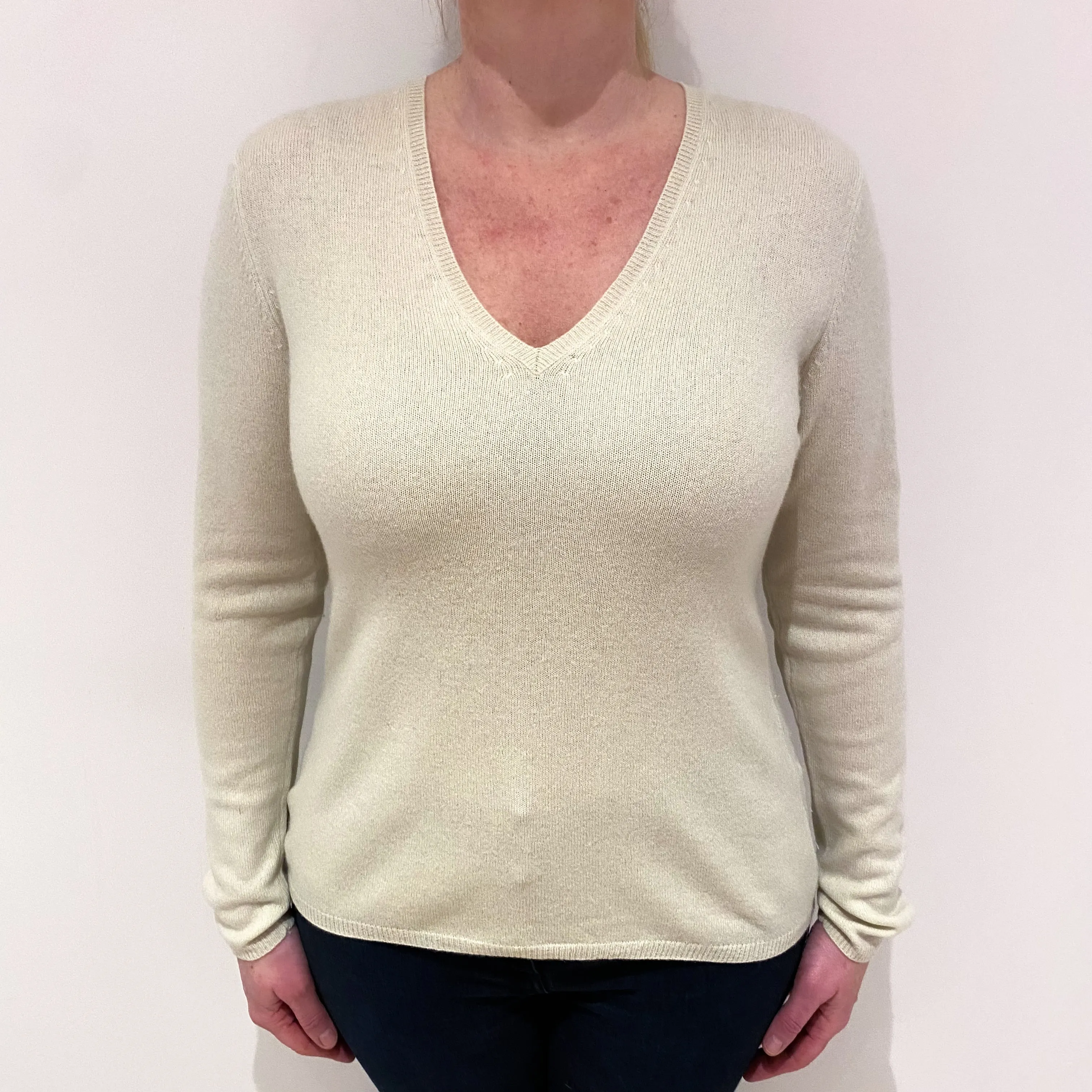Palest Green Elbow Patch Cashmere V-Neck Jumper Large