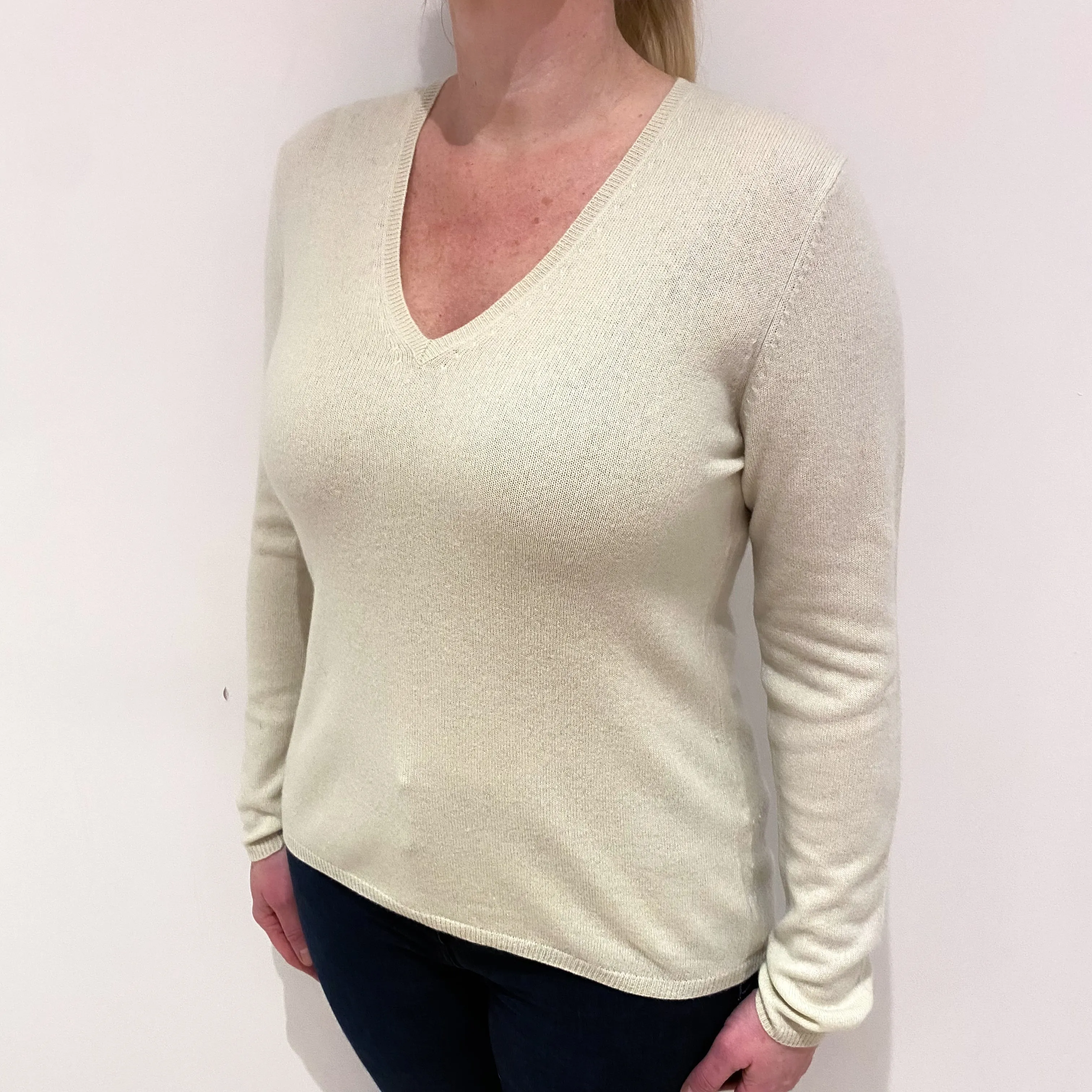 Palest Green Elbow Patch Cashmere V-Neck Jumper Large