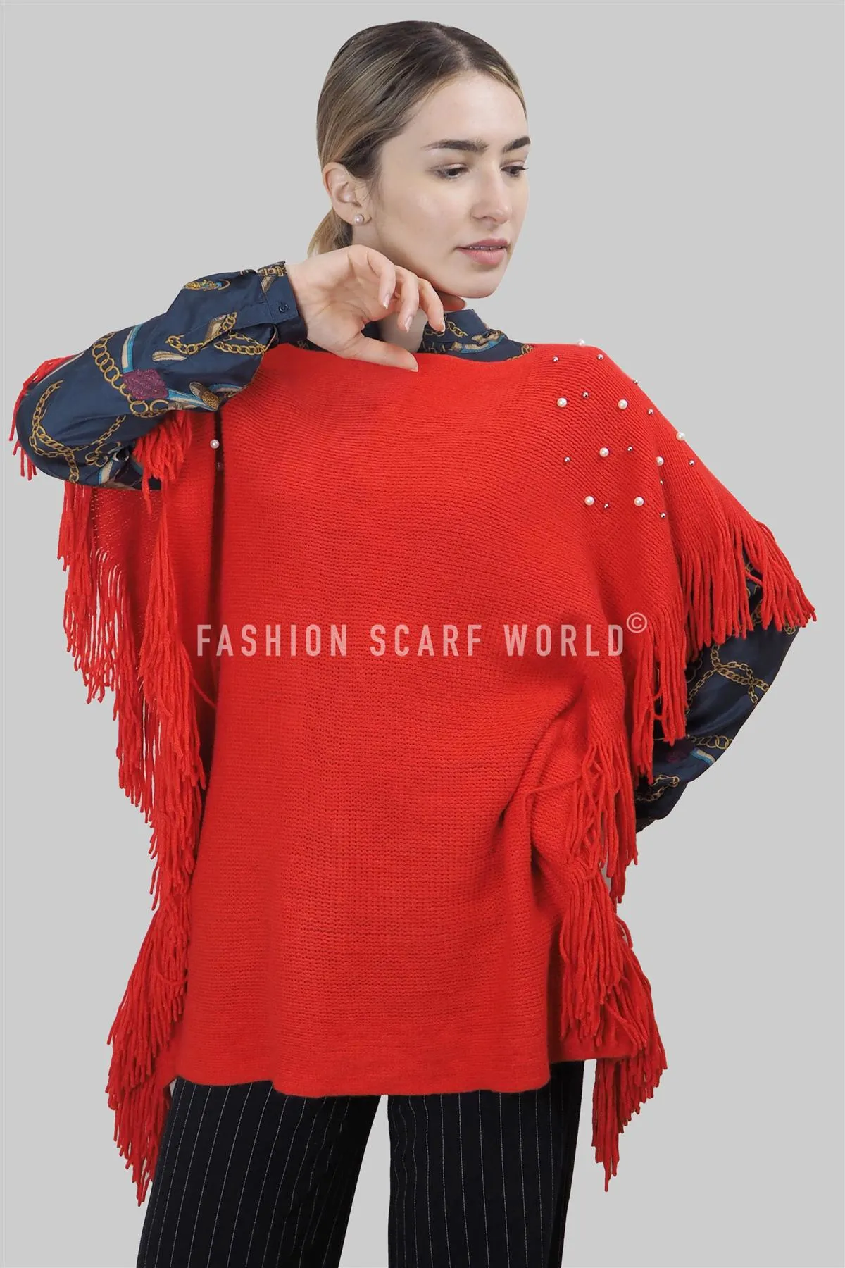 Pearl & Bead Shoulder Knitted Poncho