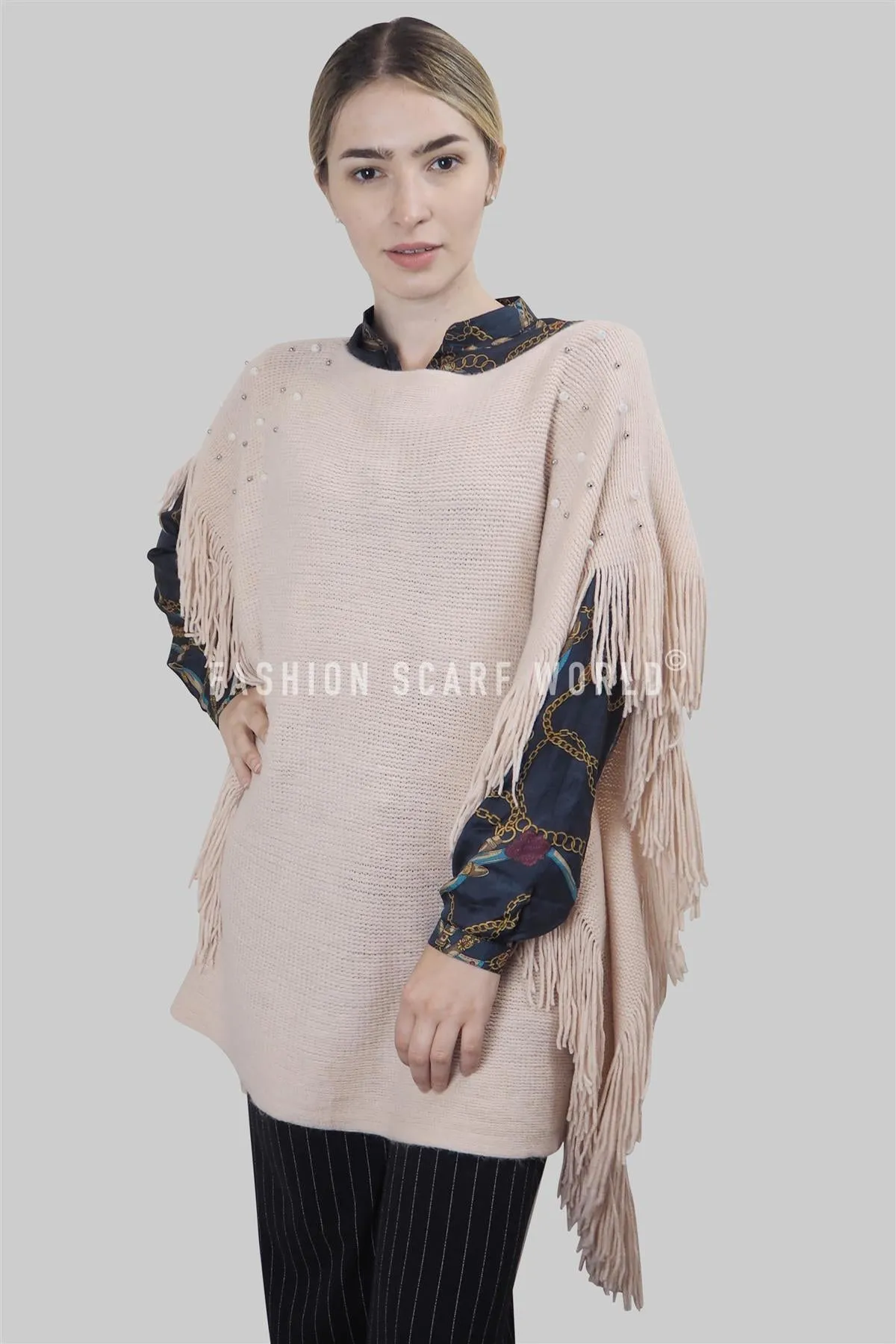Pearl & Bead Shoulder Knitted Poncho