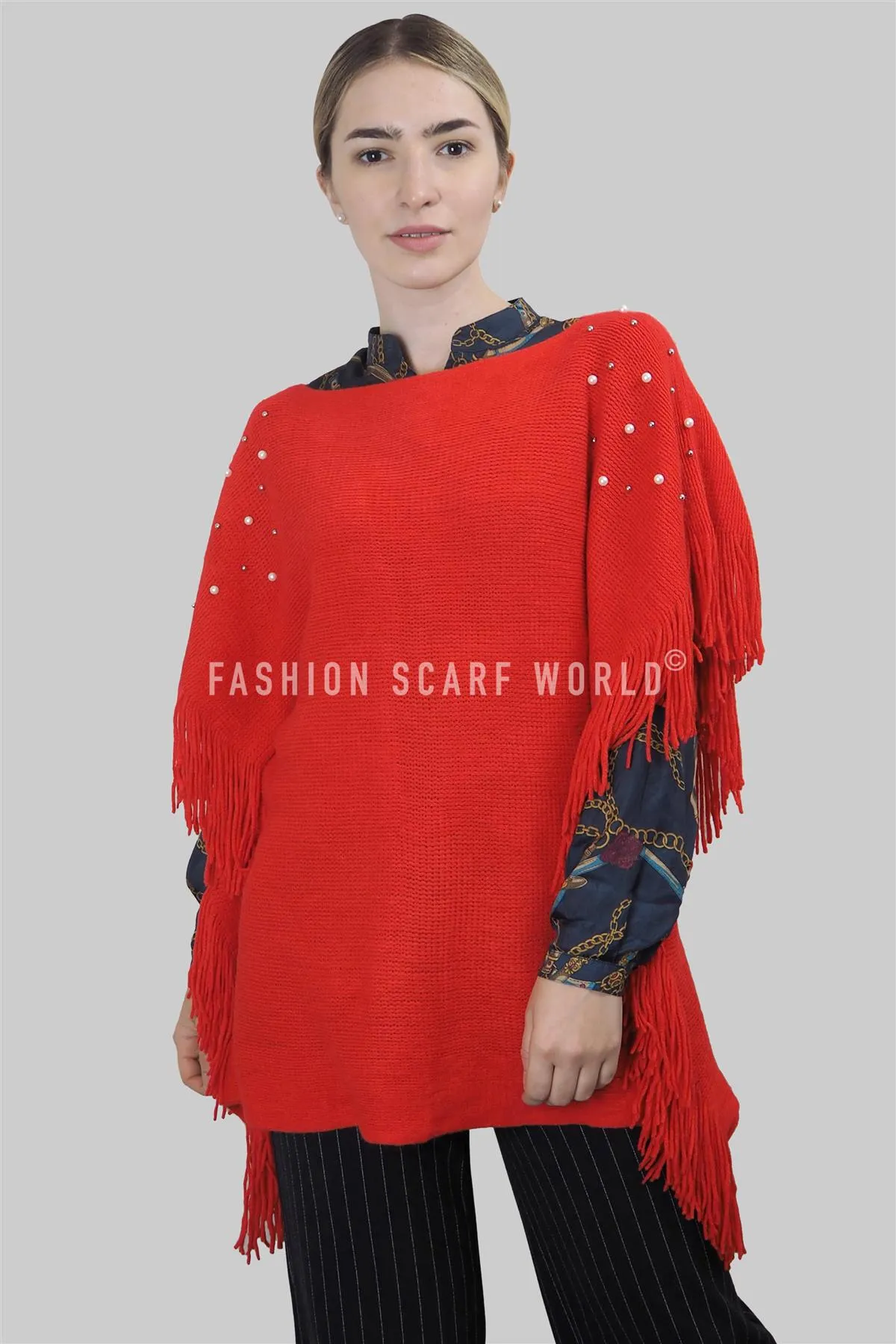 Pearl & Bead Shoulder Knitted Poncho
