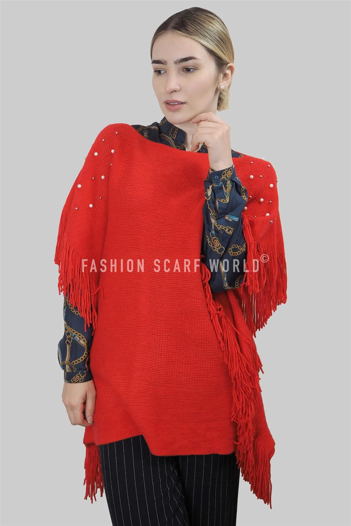 Pearl & Bead Shoulder Knitted Poncho