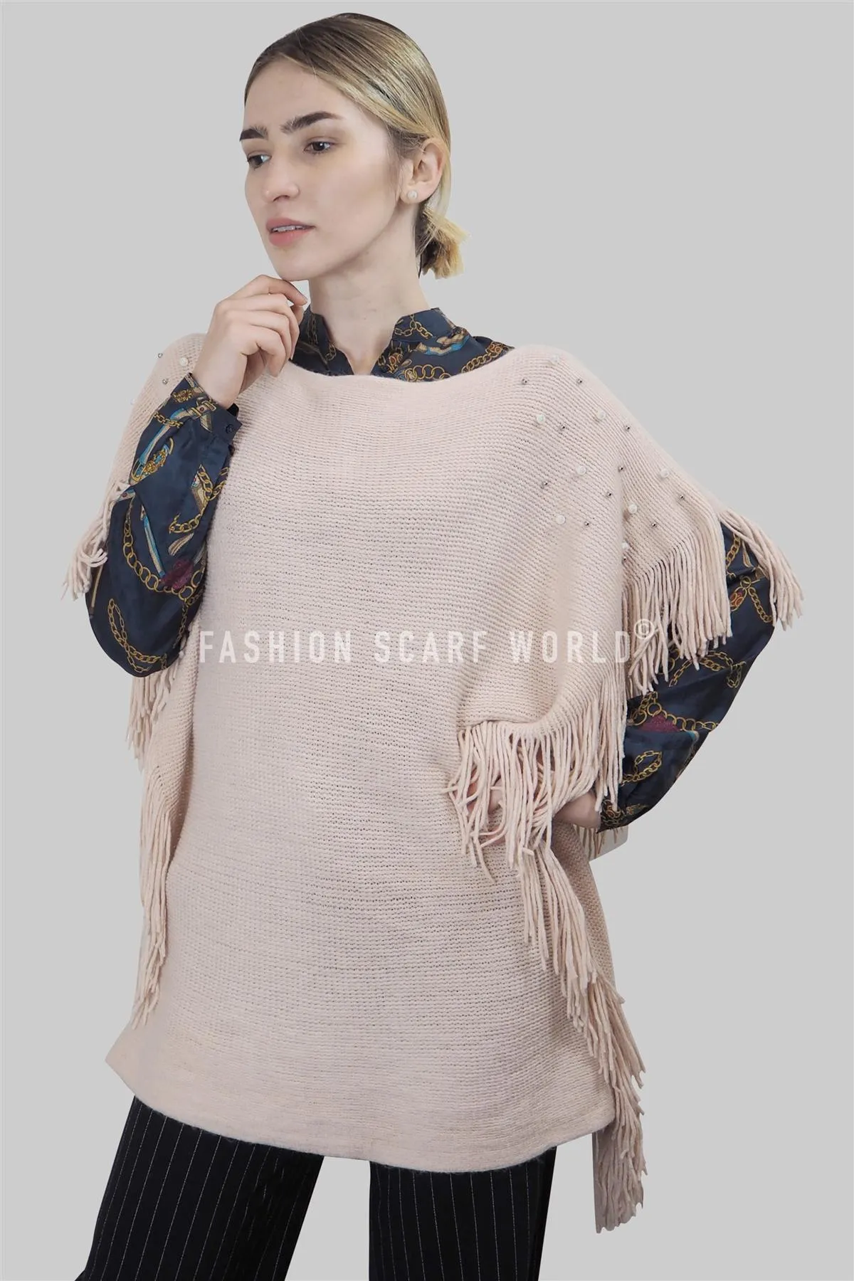 Pearl & Bead Shoulder Knitted Poncho