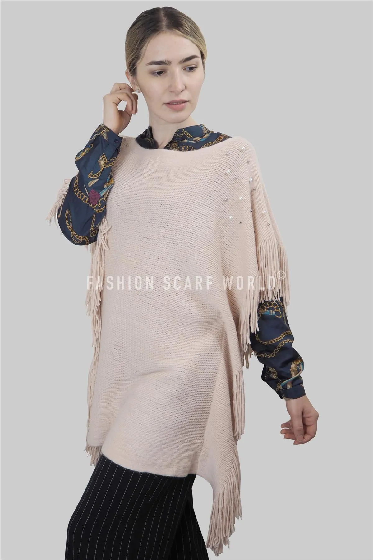 Pearl & Bead Shoulder Knitted Poncho