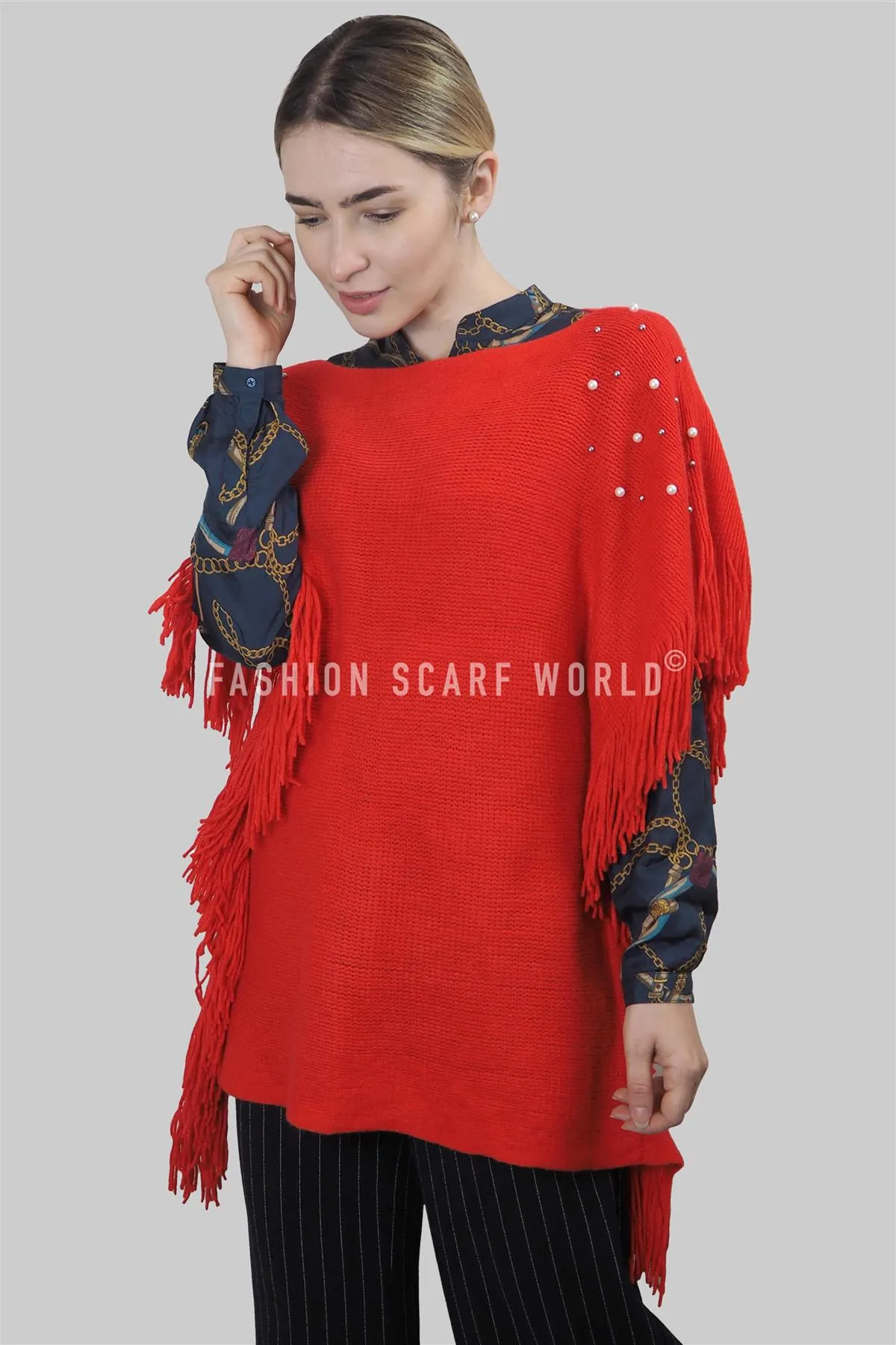 Pearl & Bead Shoulder Knitted Poncho
