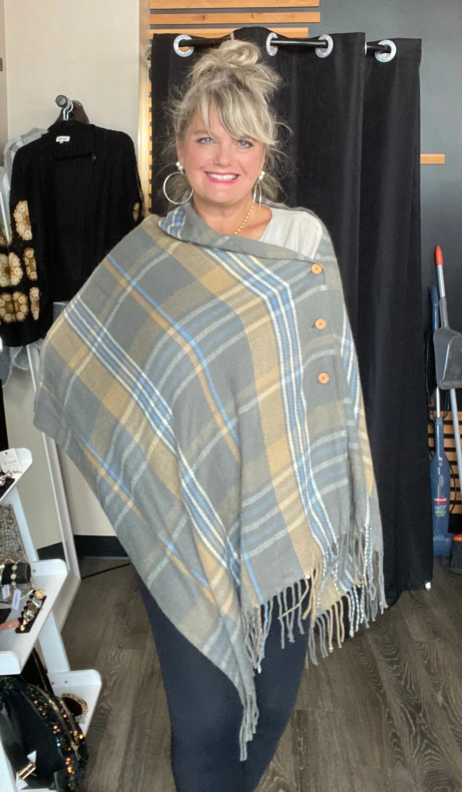 Plaid Button Down Poncho