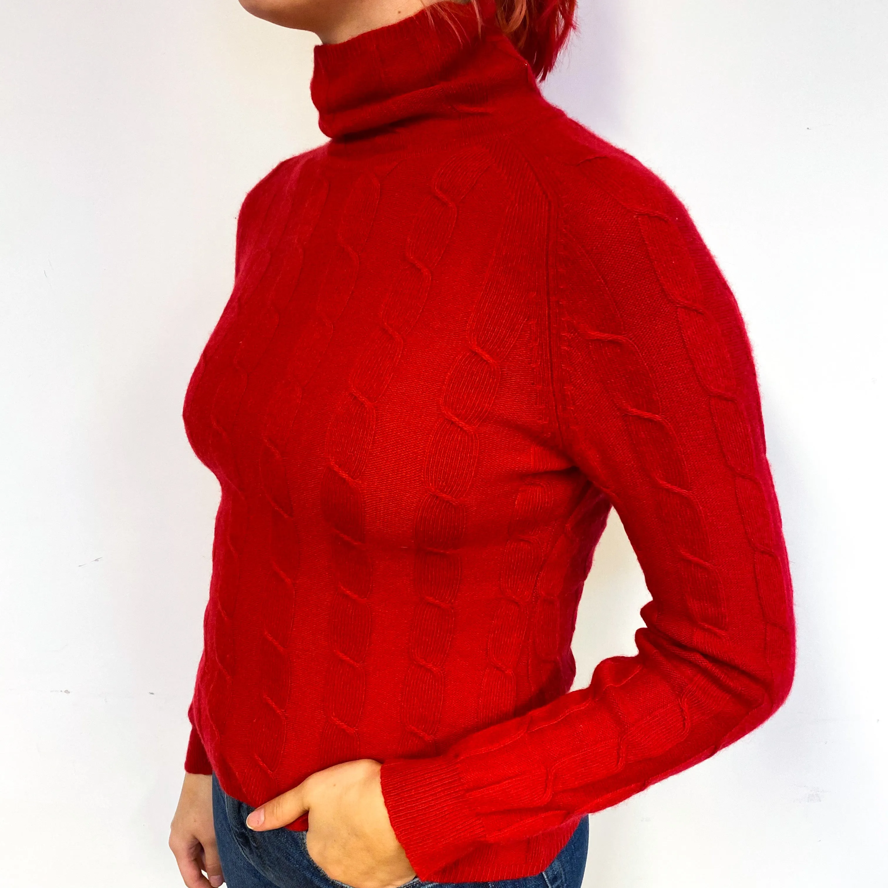 Post Box Red Cable Cashmere Turtle Neck Jumper Small