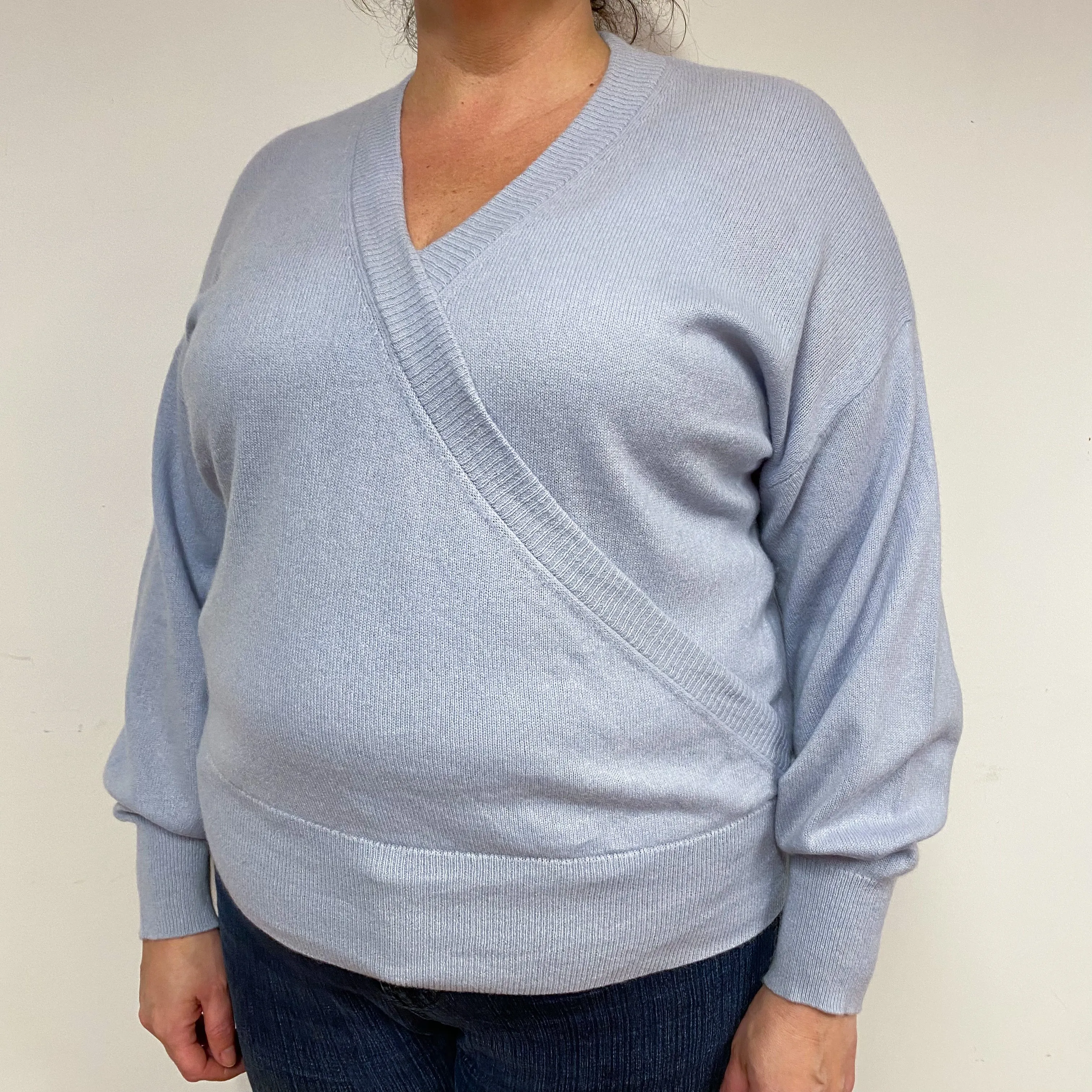 Powder Blue Cross-Over Cashmere V-Neck Jumper Extra Large