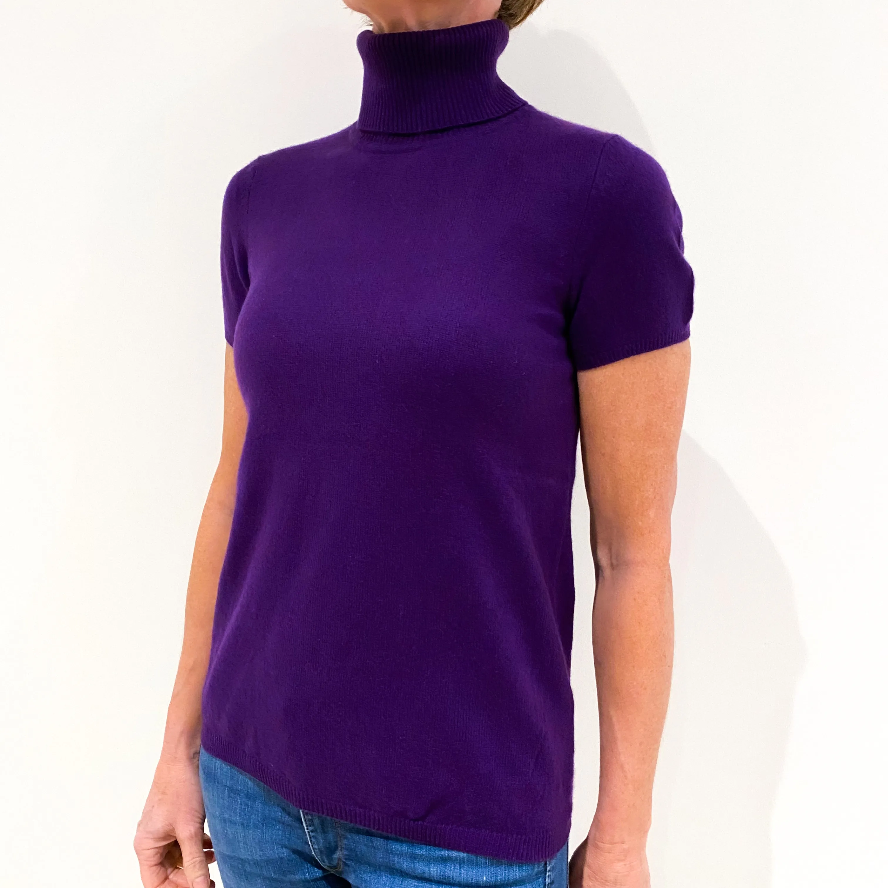 Purple Red Marl Short Sleeved Cashmere Crew Neck Jumper Small