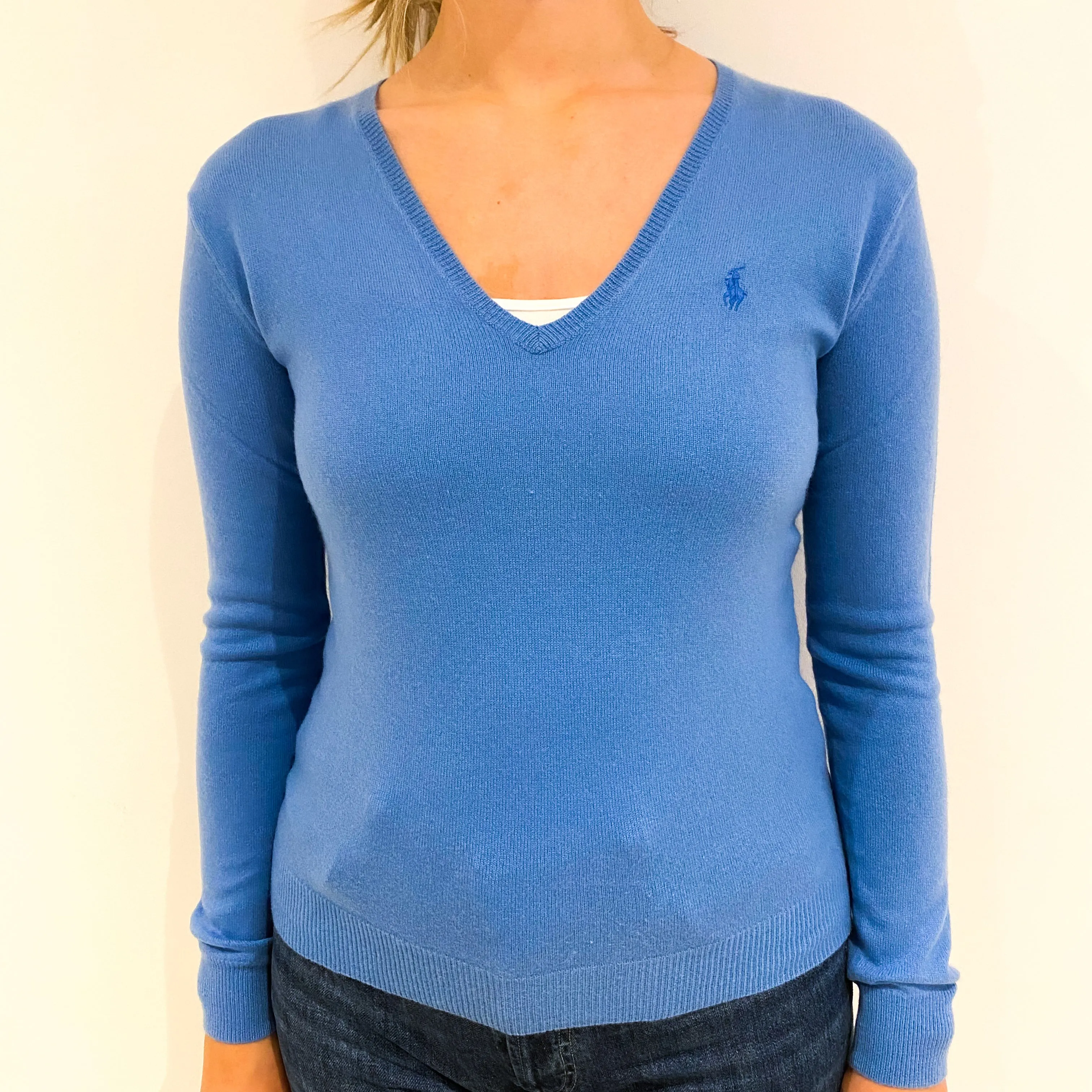 Ralph Lauren Cornflower Blue Cashmere V-Neck Jumper Small