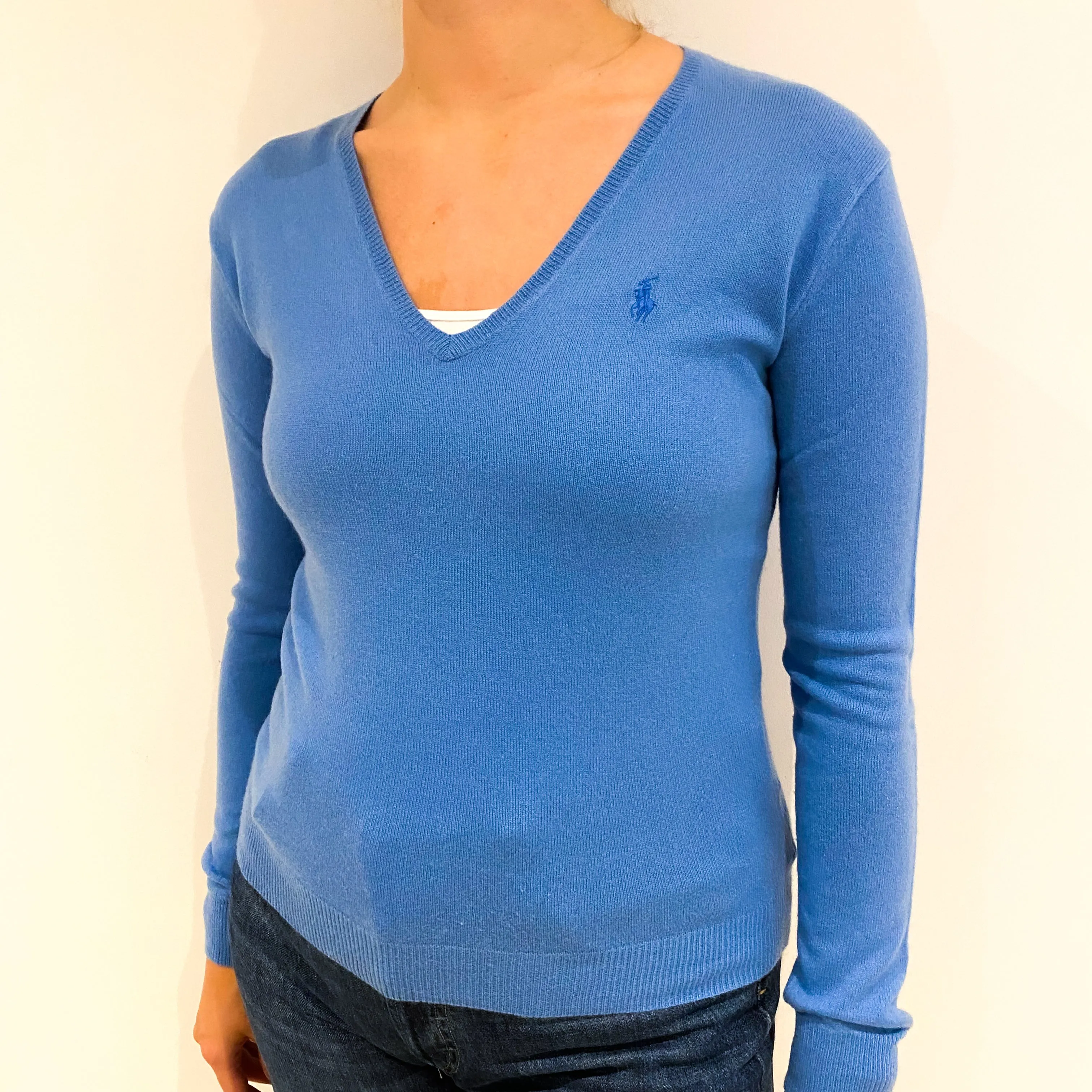 Ralph Lauren Cornflower Blue Cashmere V-Neck Jumper Small
