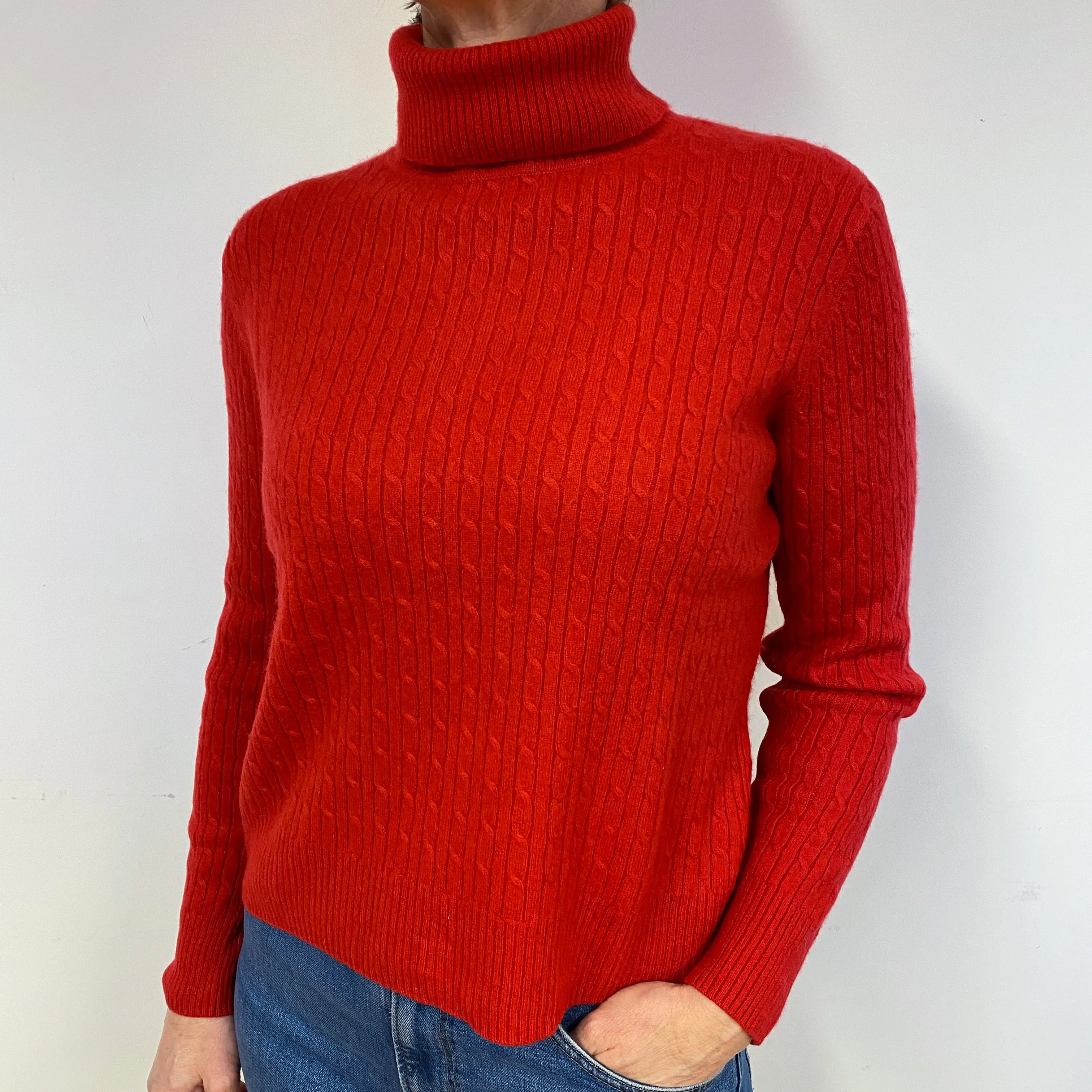 Red Cable Cashmere Polo Neck Jumper Medium