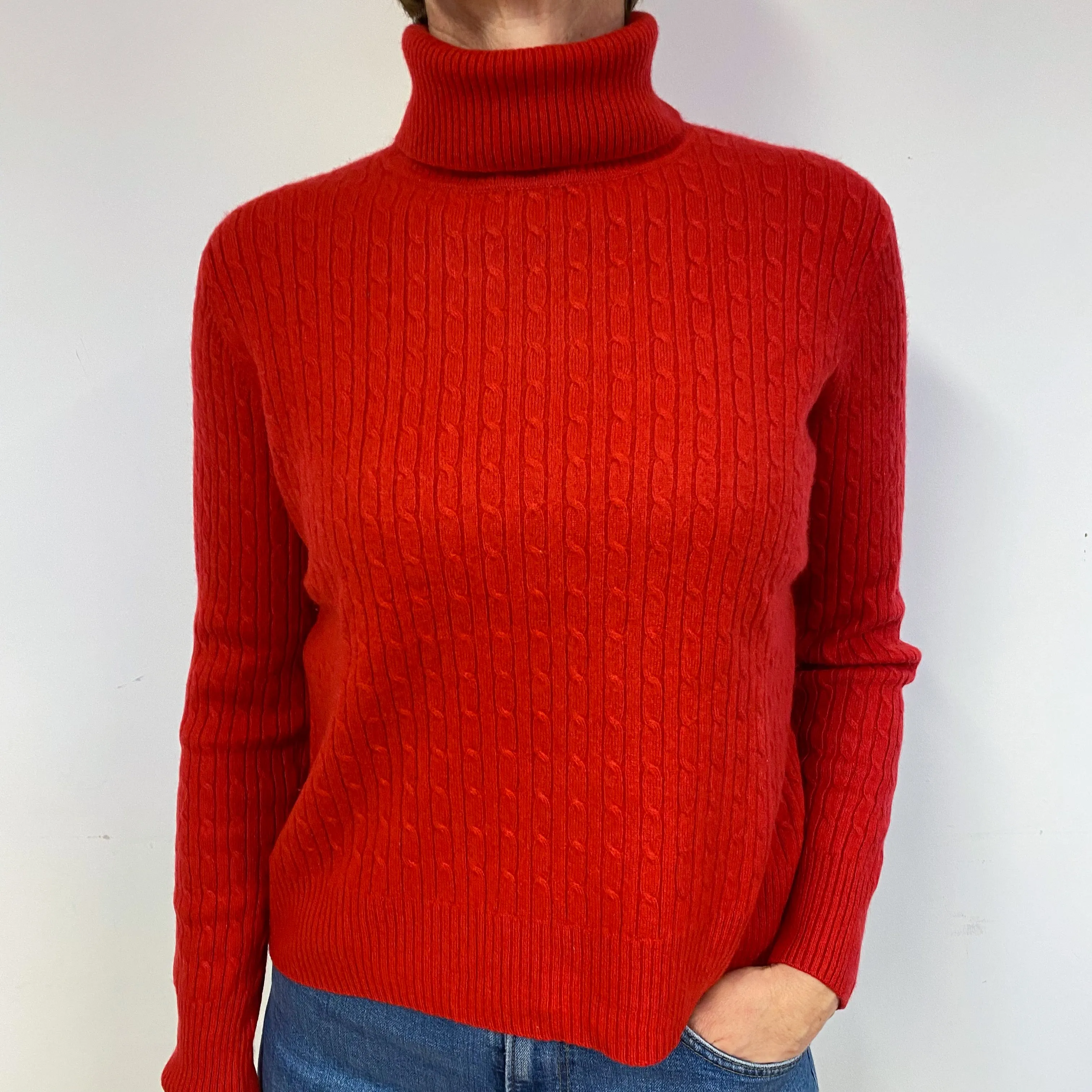 Red Cable Cashmere Polo Neck Jumper Medium