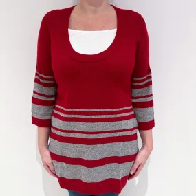 Red Grey Stripe Cashmere Scoop Neck Jumper Large