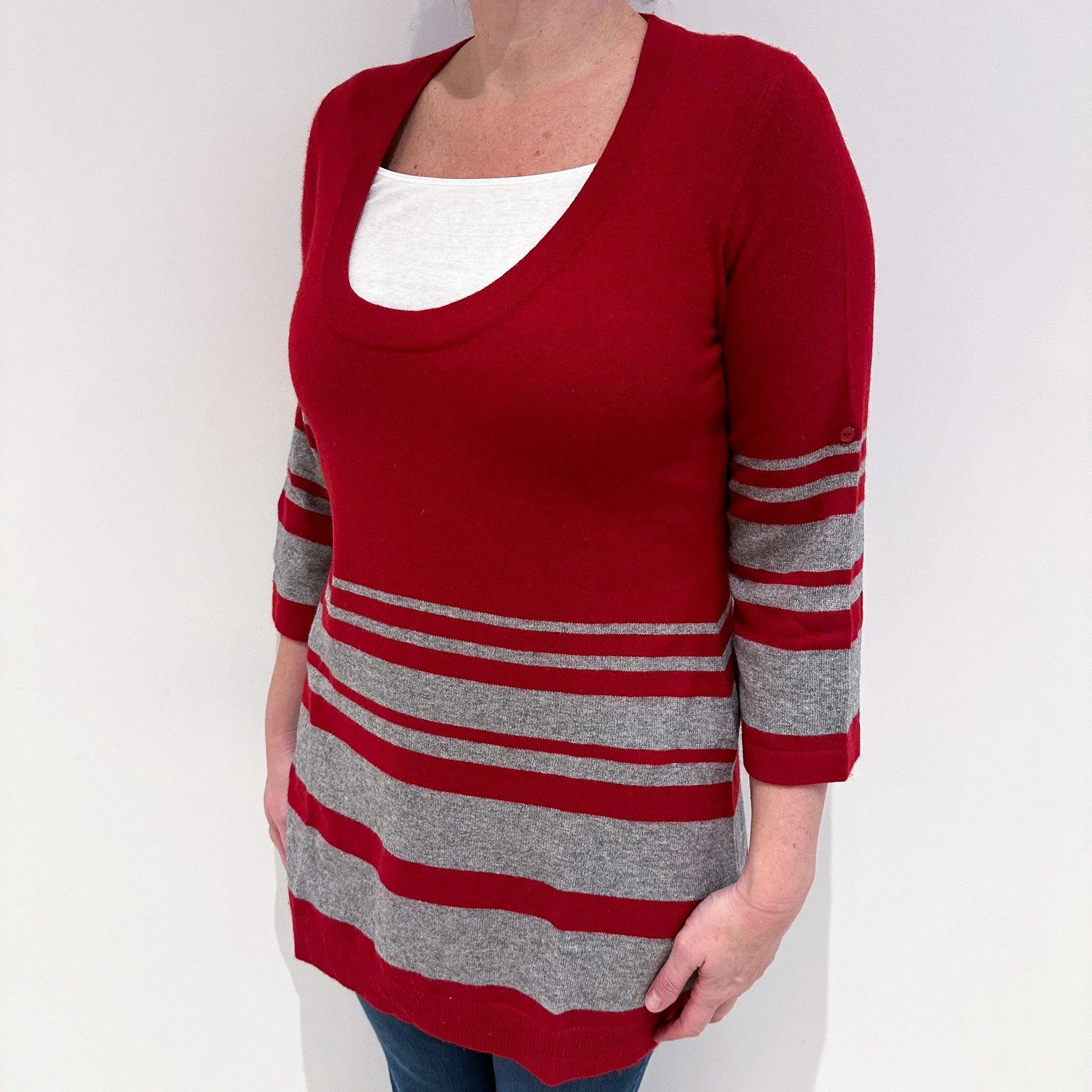 Red Grey Stripe Cashmere Scoop Neck Jumper Large