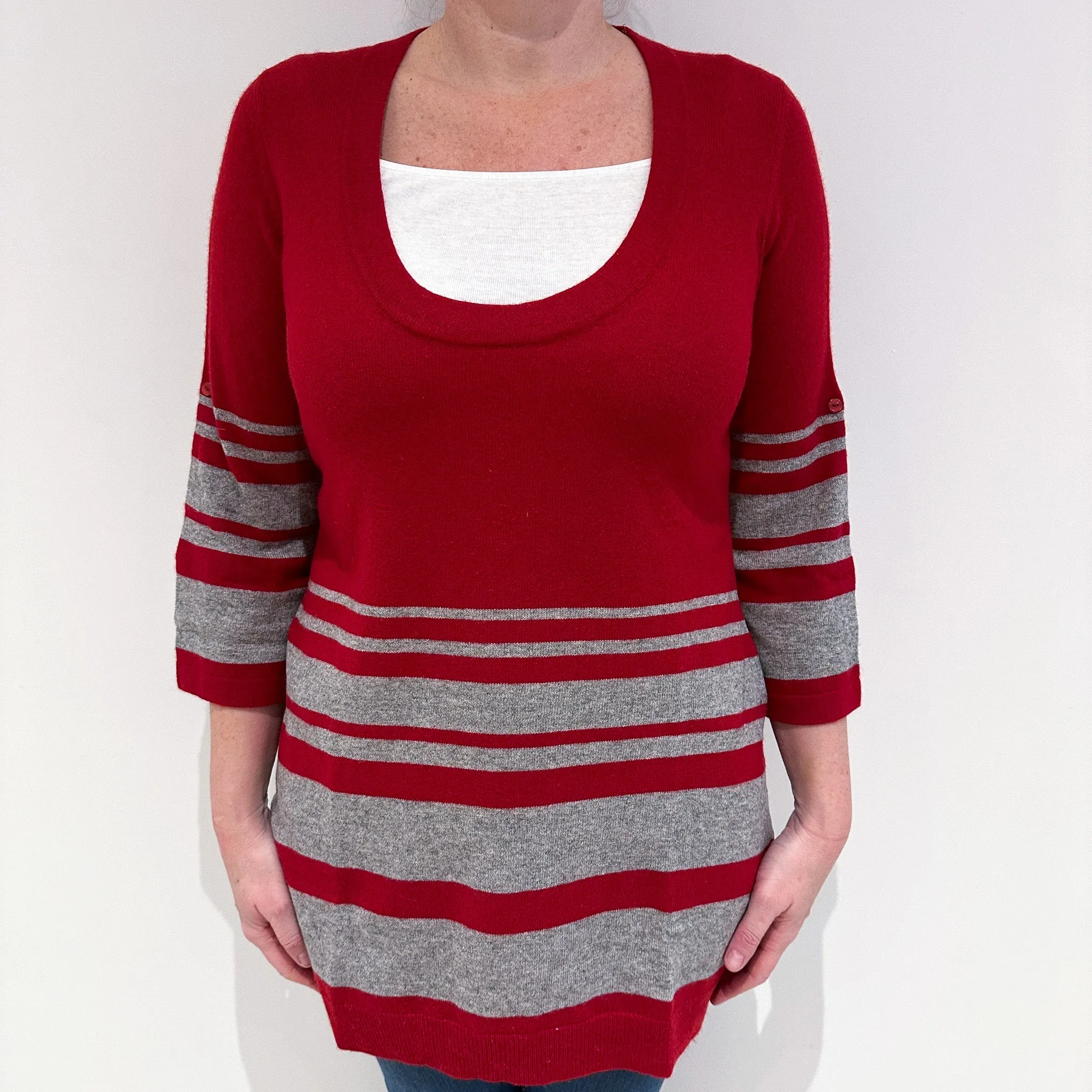 Red Grey Stripe Cashmere Scoop Neck Jumper Large
