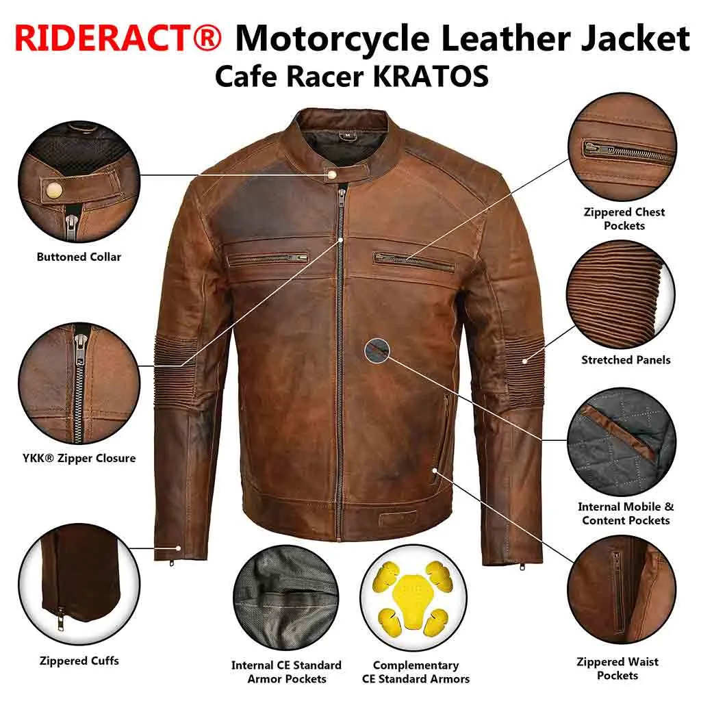 RIDERACT® Mens Motorbike Leather Jacket Cafe Racer Biker Jacket KRATOS