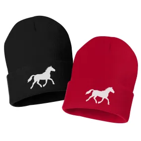 Running Horse Silhouette Embroidered Cuffed Beanie Hat