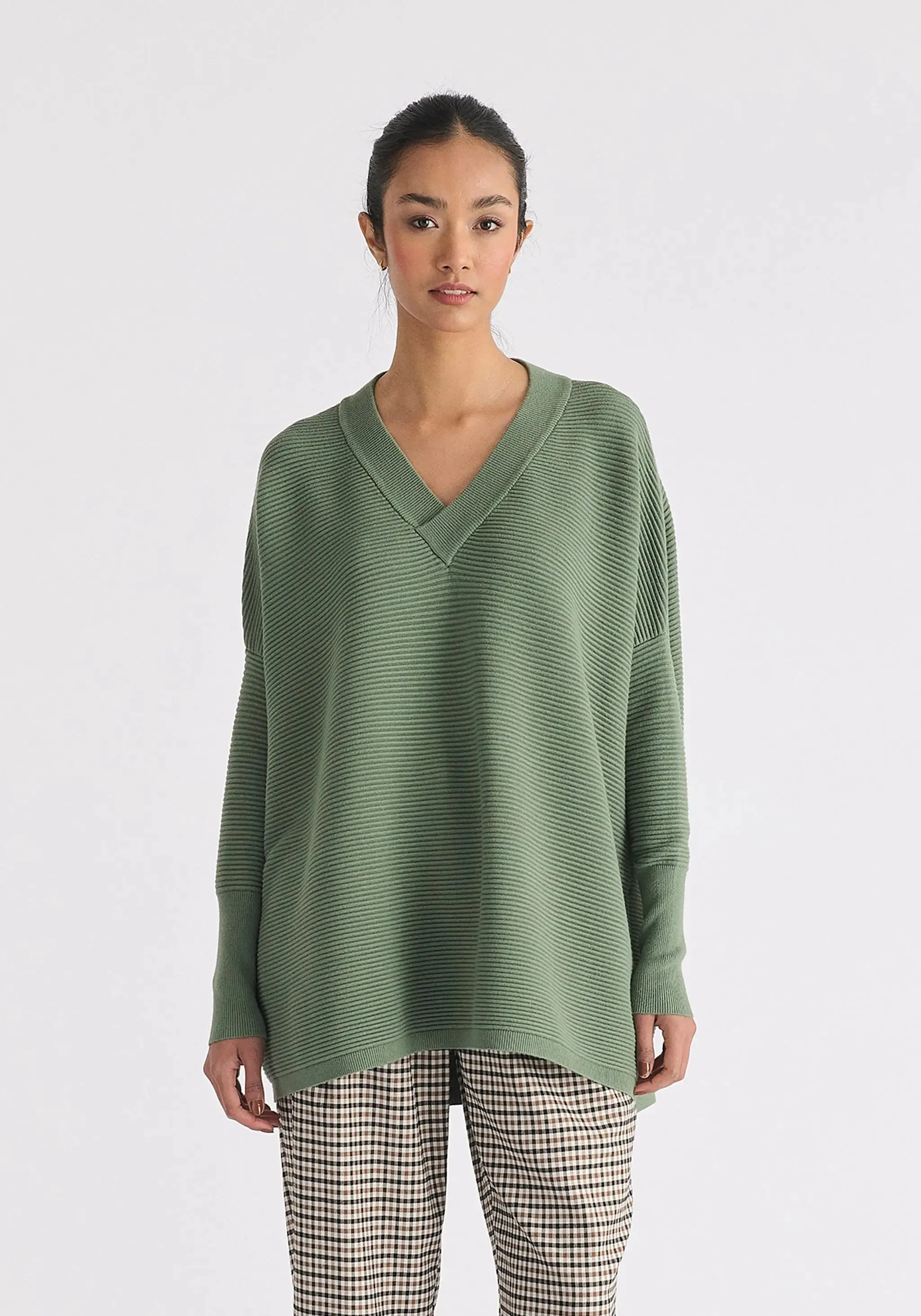 Sage Green V-Neck Ribbed Jumper