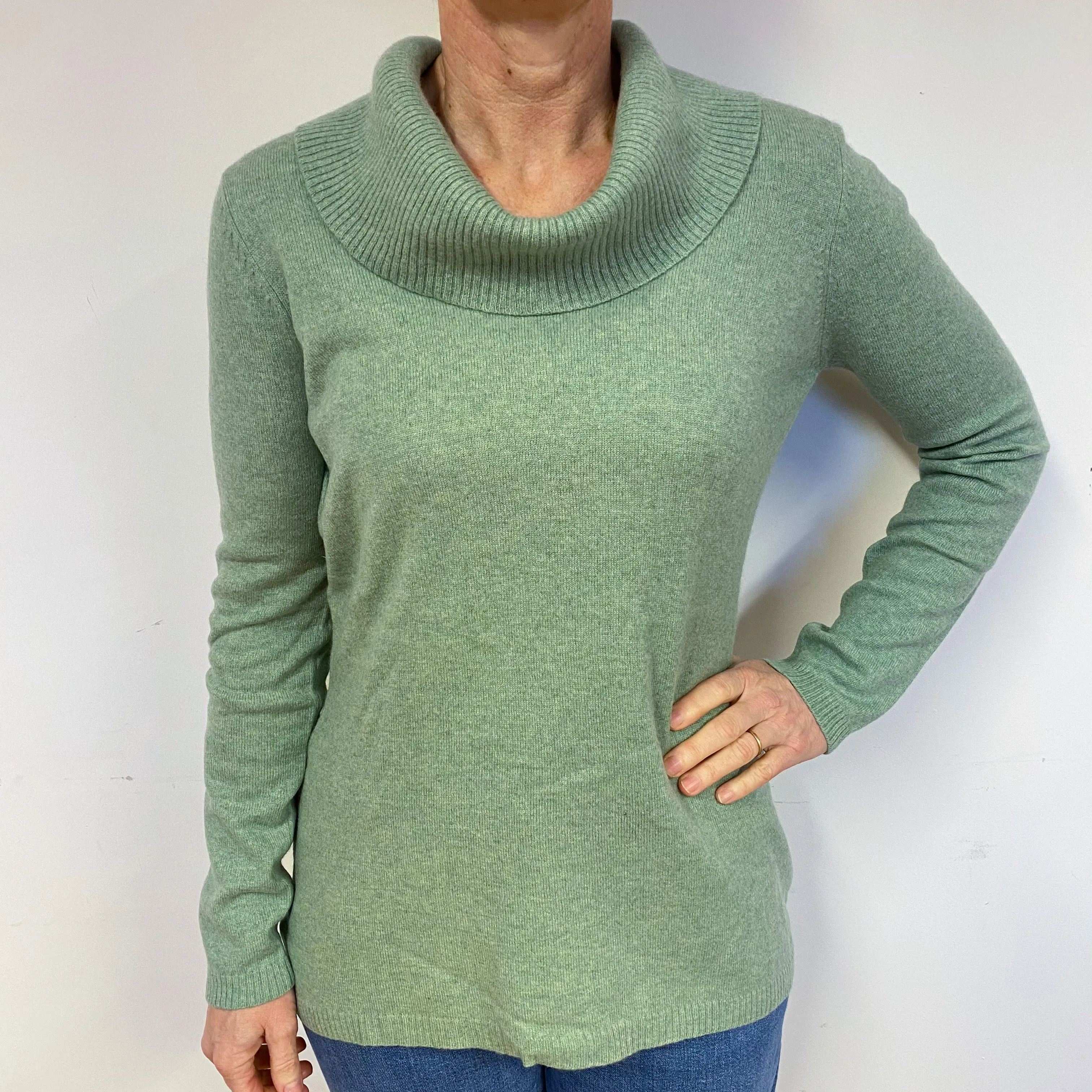 Sea Foam Green Cashmere Cowl Neck Jumper Medium