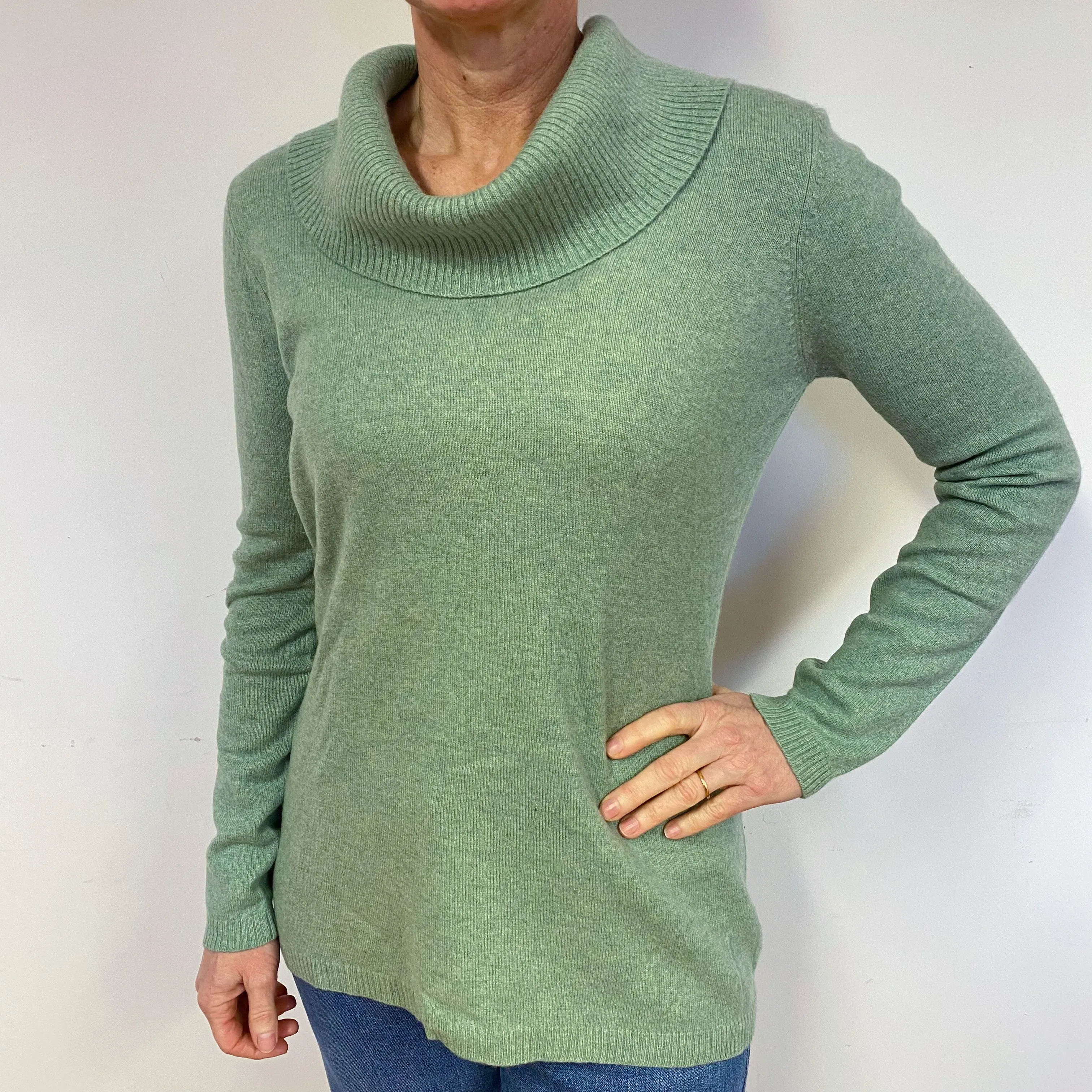 Sea Foam Green Cashmere Cowl Neck Jumper Medium
