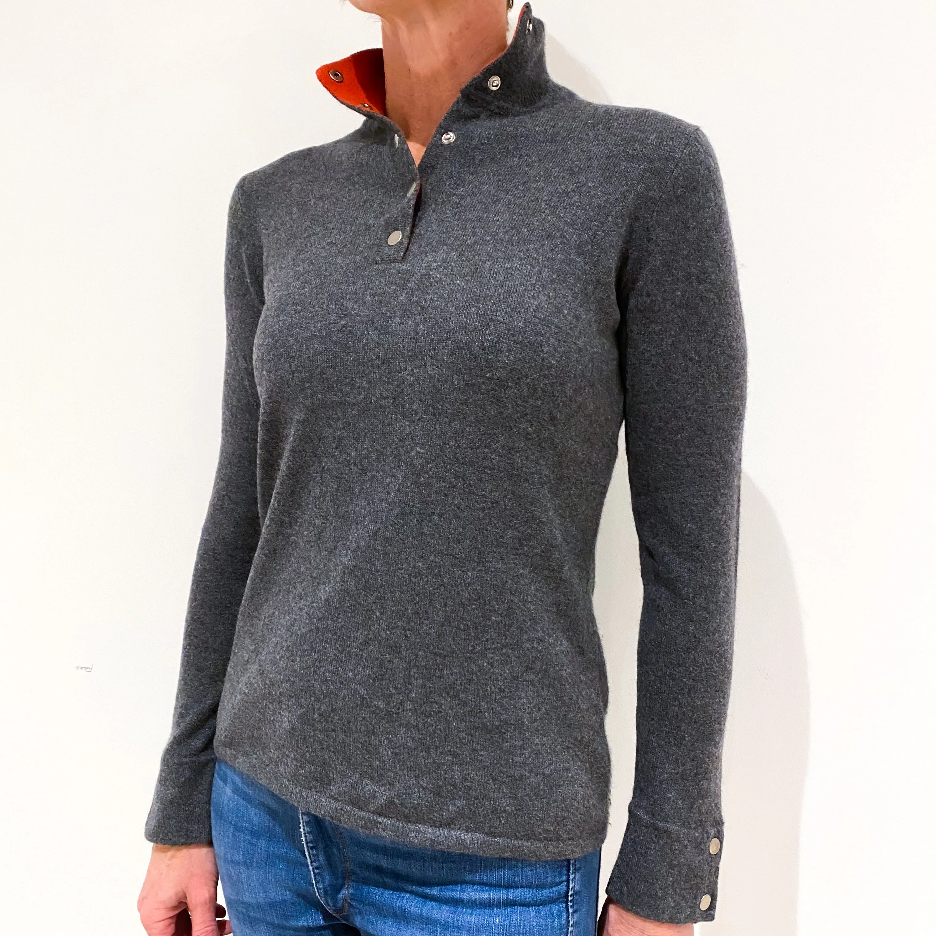 Slate Grey Button Front Cashmere Turtle Neck Jumper Small