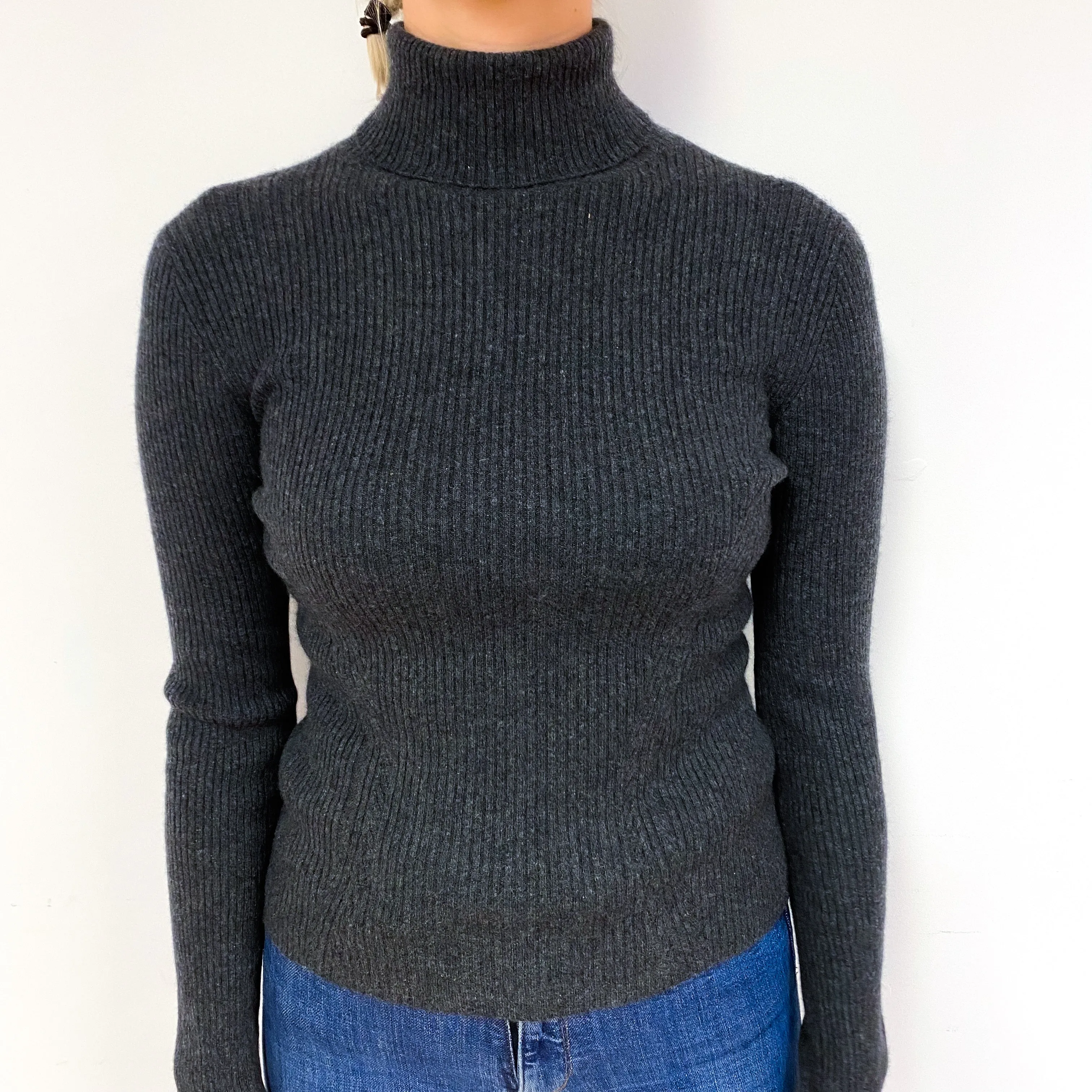Slate Grey Skinny Ribbed Cashmere Polo Neck Jumper Small