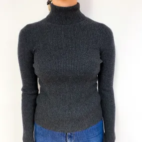 Slate Grey Skinny Ribbed Cashmere Polo Neck Jumper Small