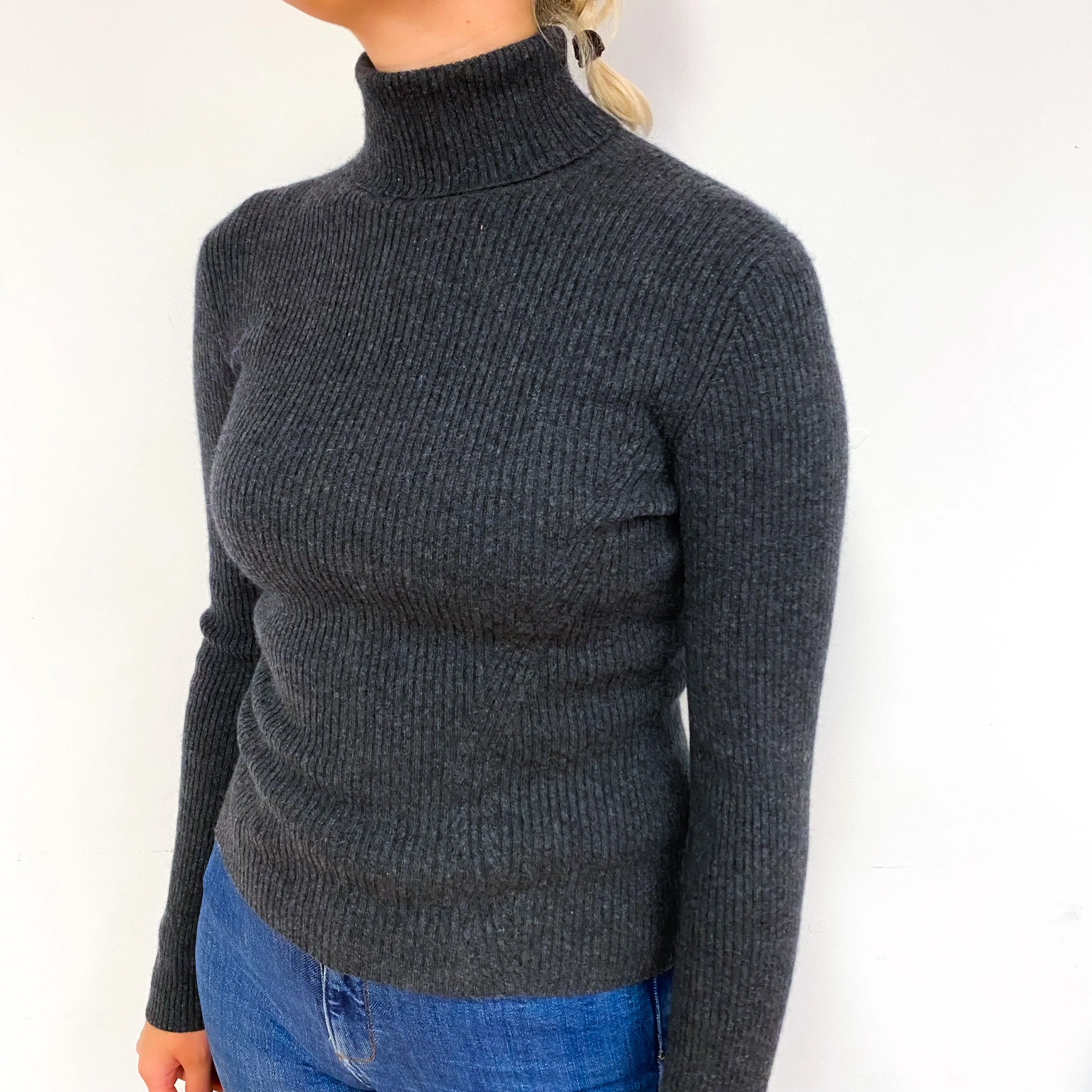 Slate Grey Skinny Ribbed Cashmere Polo Neck Jumper Small