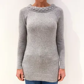 Smoke Grey Cashmere Plaited Crew Neck Tunic Jumper Small