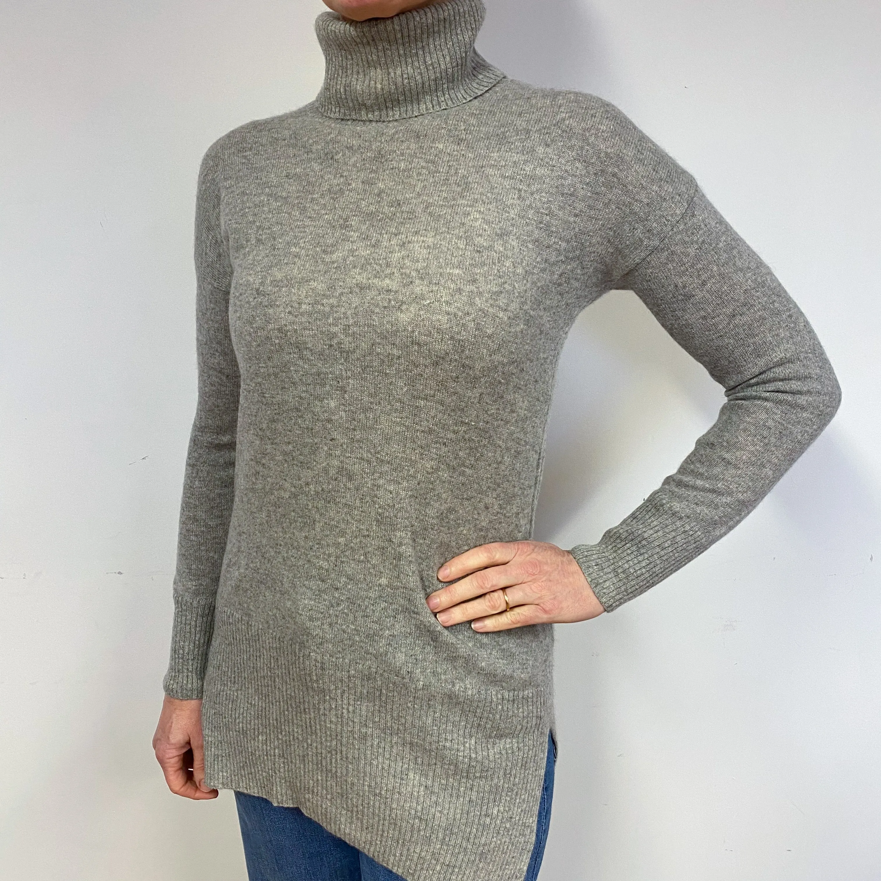 Smoke Grey Longline Cashmere Polo Neck Jumper Medium