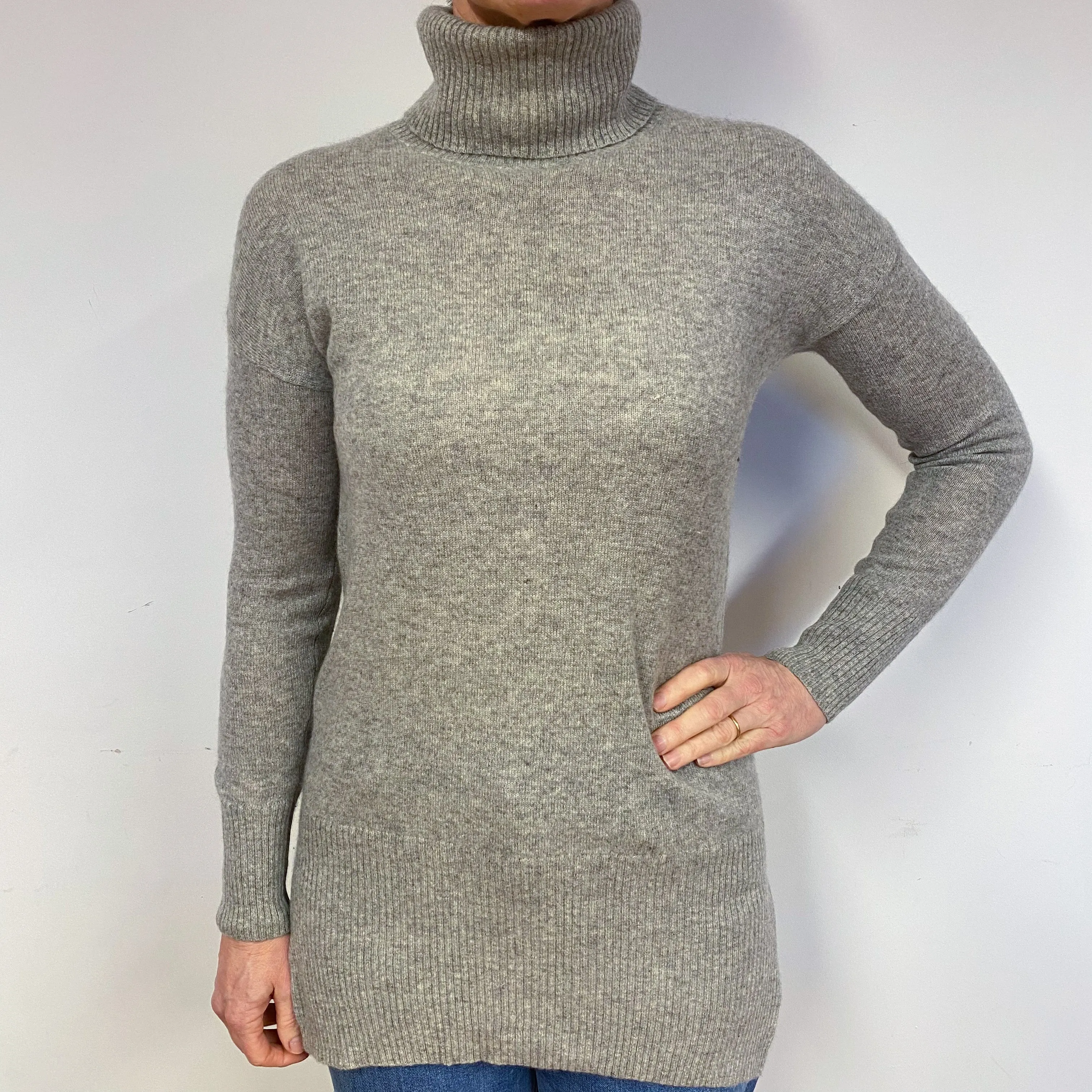 Smoke Grey Longline Cashmere Polo Neck Jumper Medium