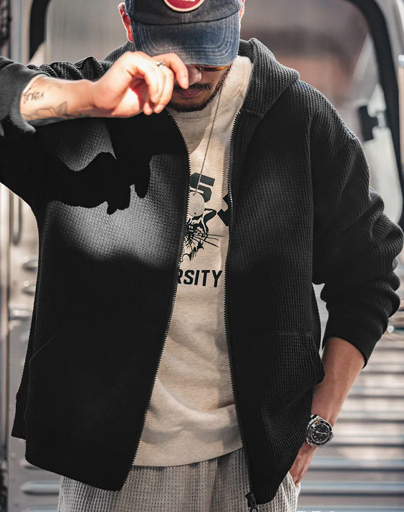 Tooling Retro Waffle Hooded Knit Sport Men's Cardigan