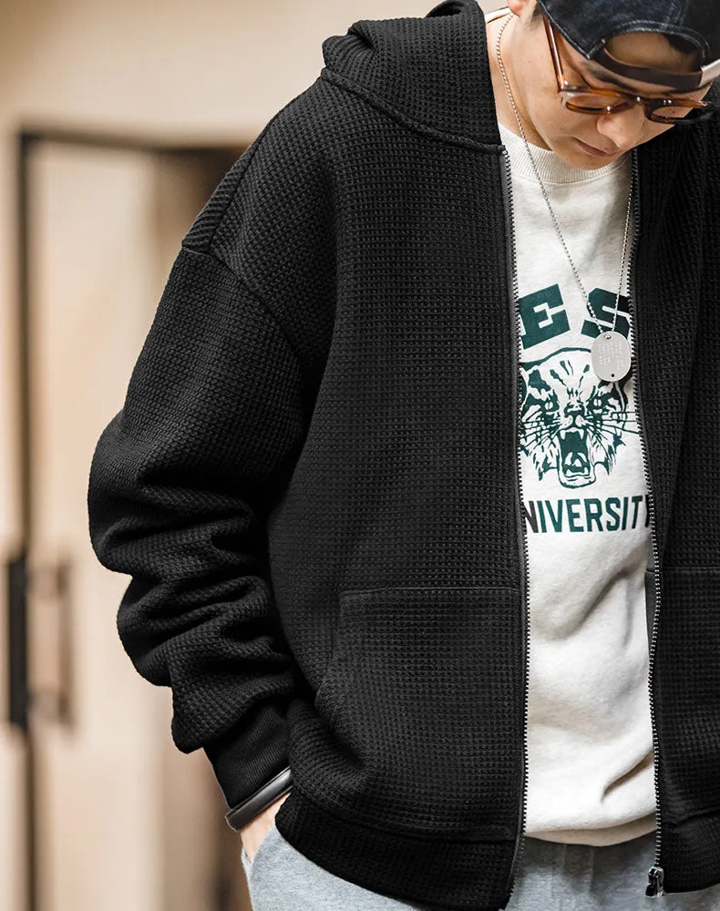 Tooling Retro Waffle Hooded Knit Sport Men's Cardigan