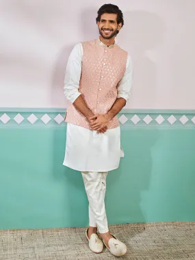 VASTRAMAY Men's Peach Fine Satin Nehru Jacket,Kurta And Pyjama Set.