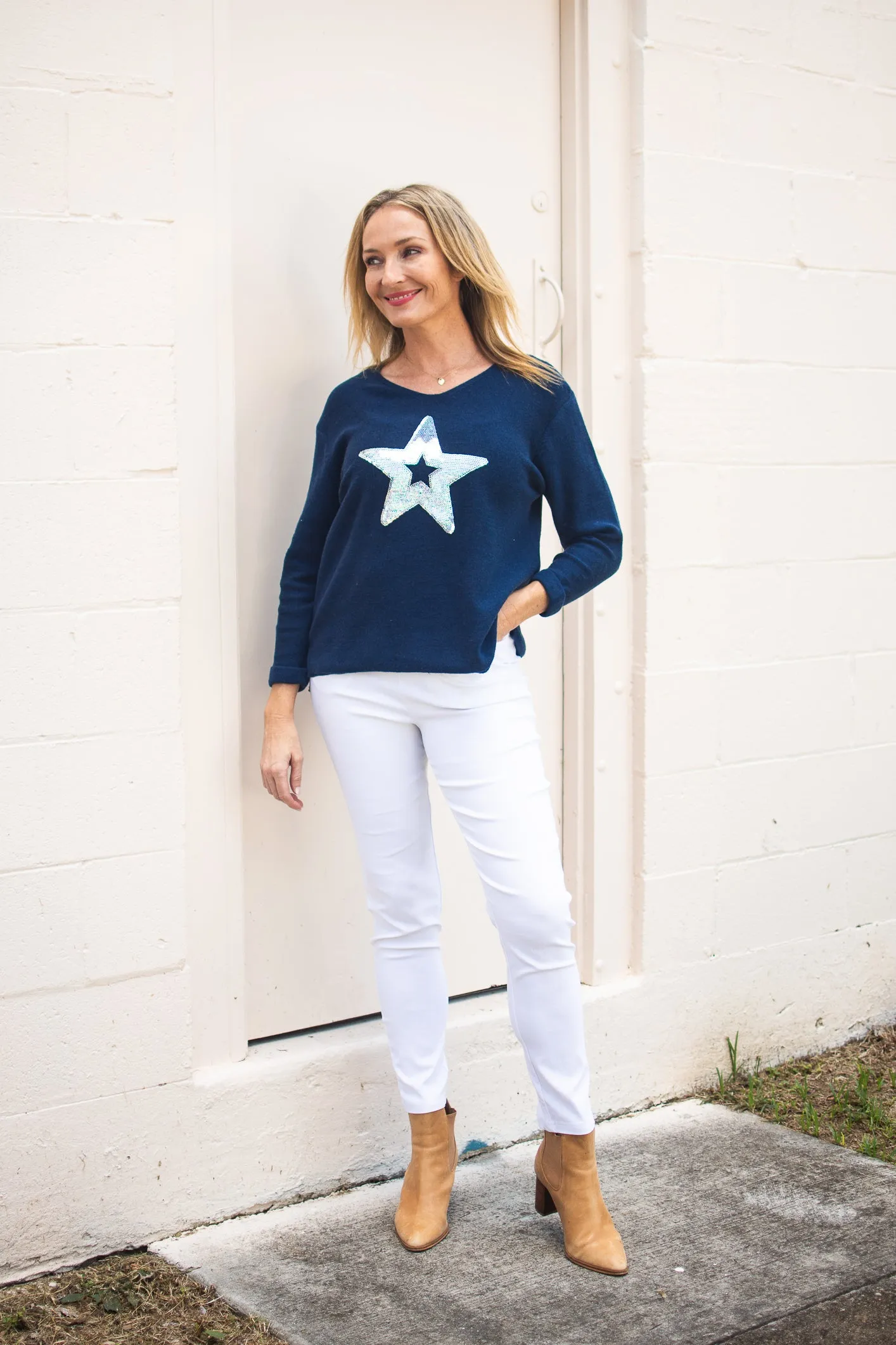 Willow Tree Star Sequins Knit Jumper Navy S/M