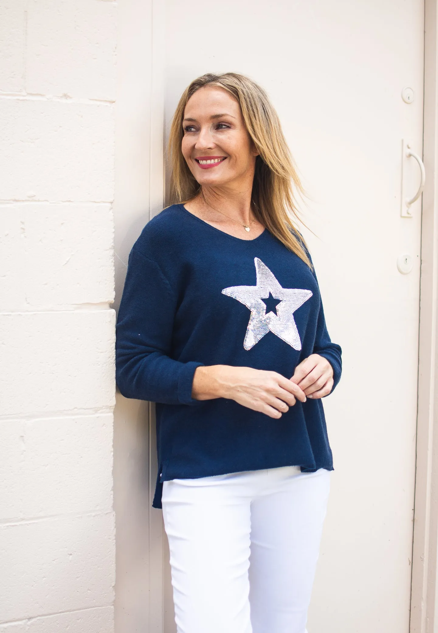 Willow Tree Star Sequins Knit Jumper Navy S/M