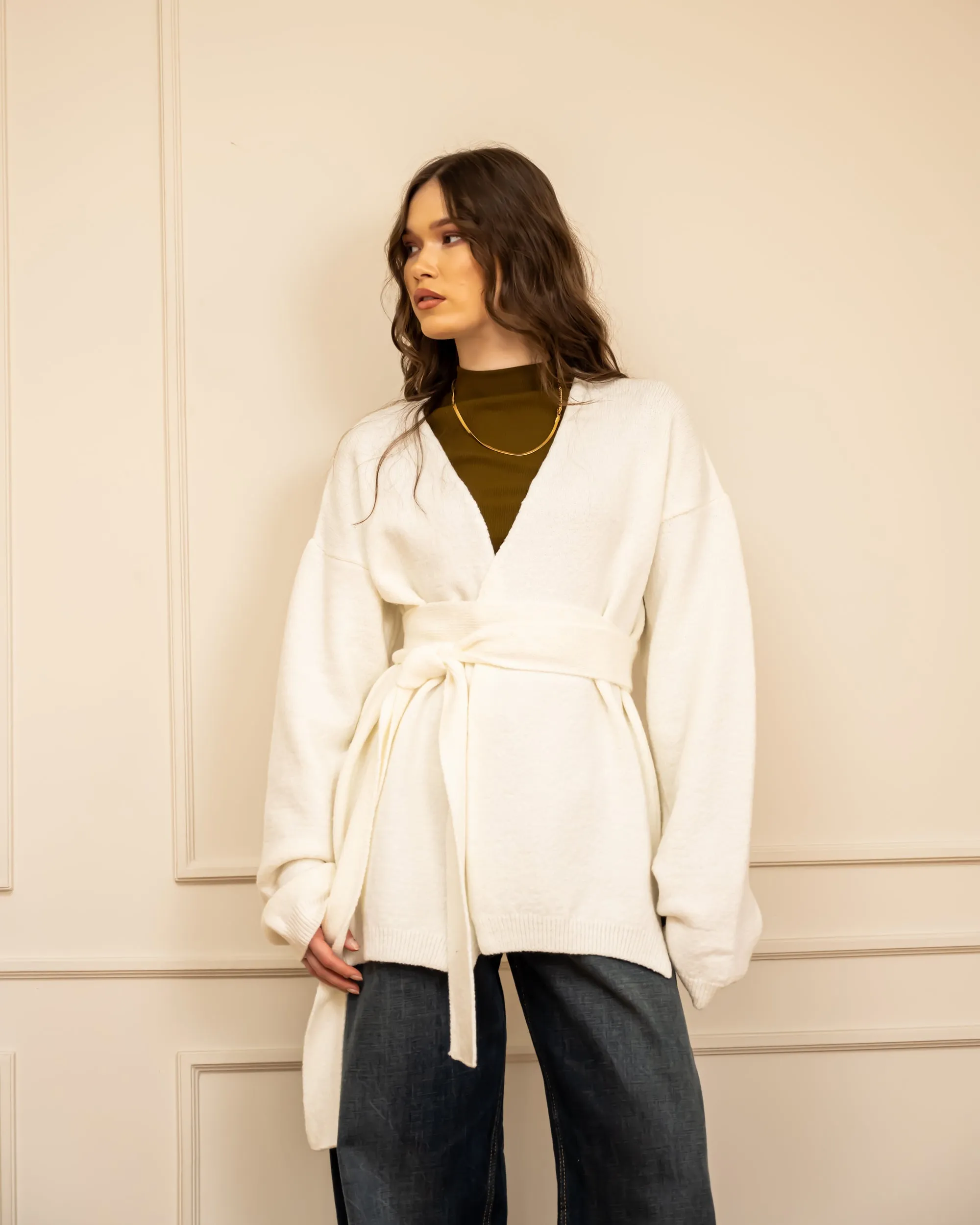 WITH BELT WOOL CARDIGAN-OFF WHITE